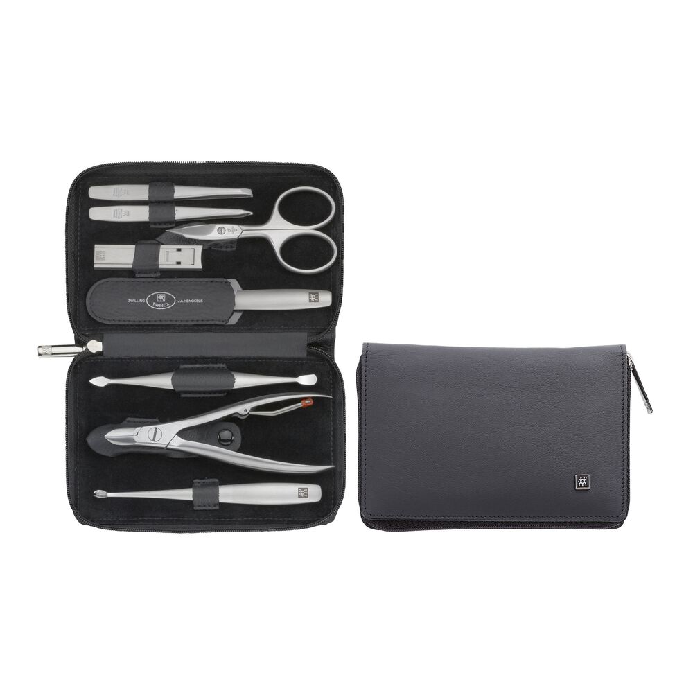 ZWILLING - Estuche Belleza, 8 Piezas, Cremallera, Piel Color Negro, Tijeras Combinadas, Lima, Empuja Cutículas, Instrumento Doble, 2 Pinzas, Cortauñas, Alicates