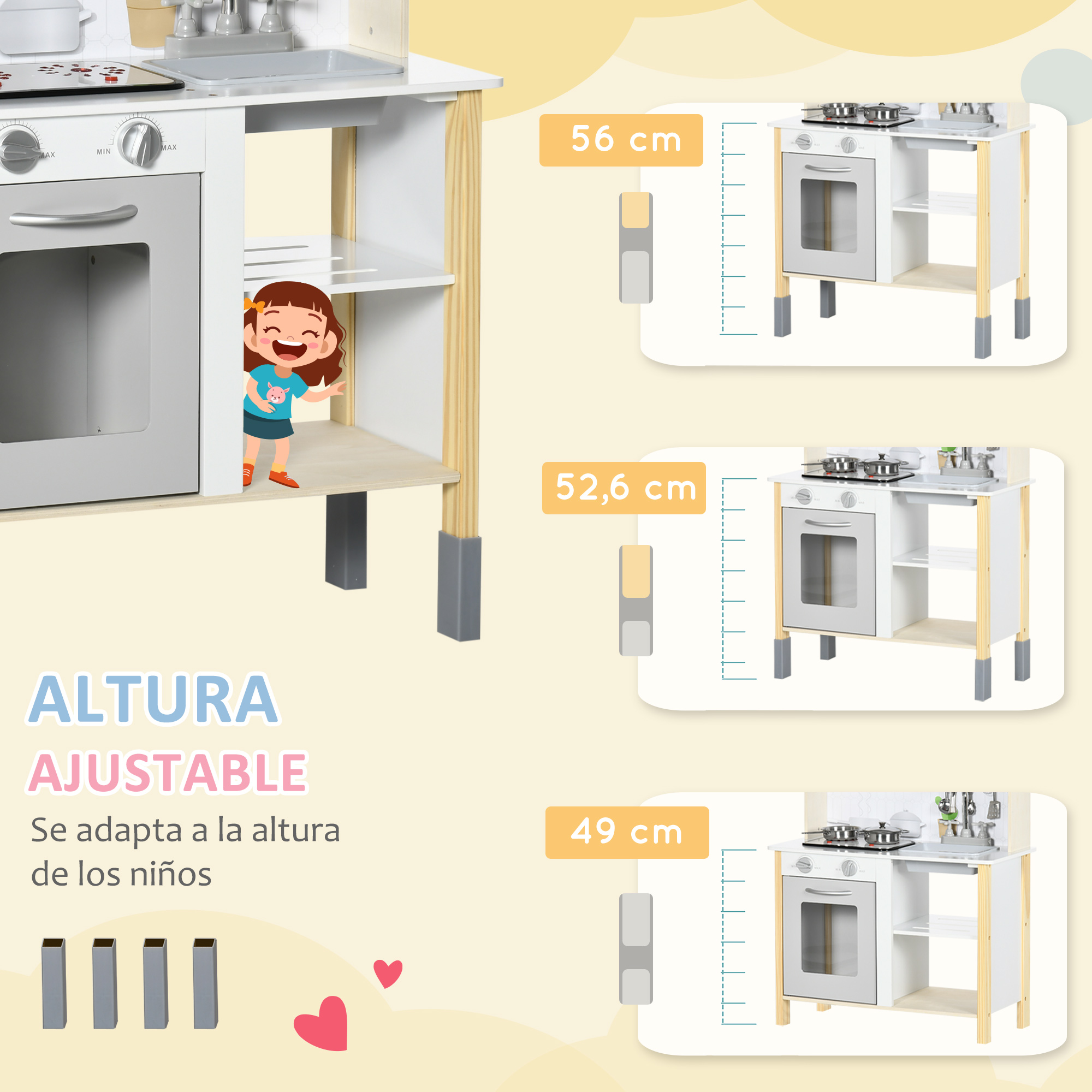 HOMCOM Cocina de Juguete de Madera para Niños de +3 Años con Sonidos 14  Accesorios Cocinita Infantil con Teléfono Fregadero Extraíble Microondas y  Grifo 82x65x87 cm Blanco