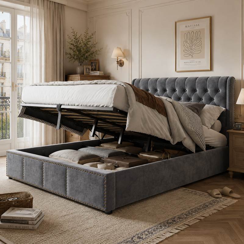 Lit double rembourré gris 140 × 200 cm avec rangement hydraulique et clous décoratifs