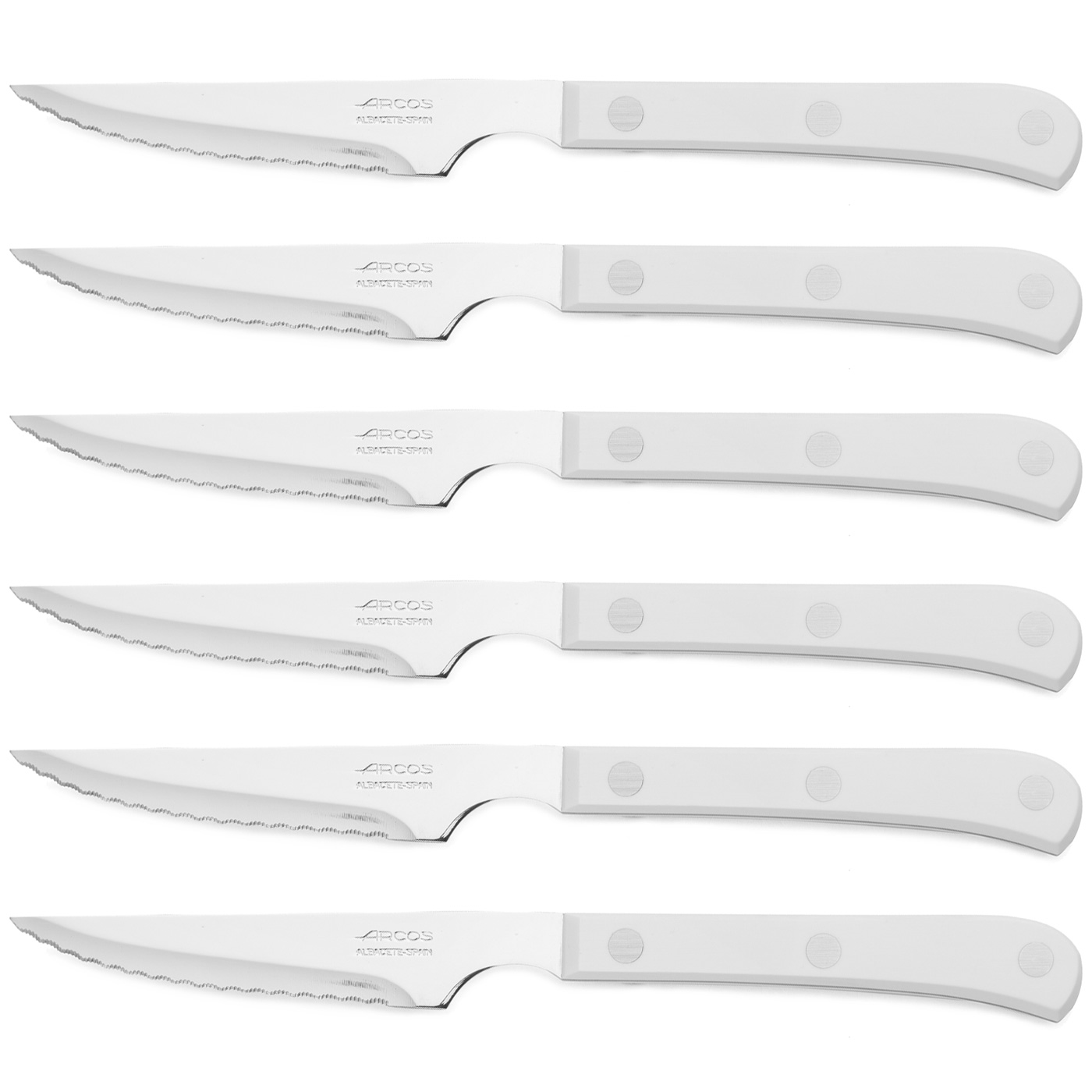ARCOS Steak Basic - Cuchillo Chuletero (115 / 225 mm) - Acero Inoxidable Nitrum® - Mango Blanco de POM - 374824 - PACK 6