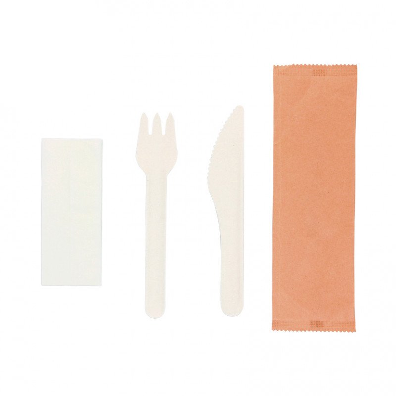 500 Uds. Pack de cubiertos de fibra biodegradables en bolsa kraft (tenedor, cuchillo y servilleta) | Ref: CUB035