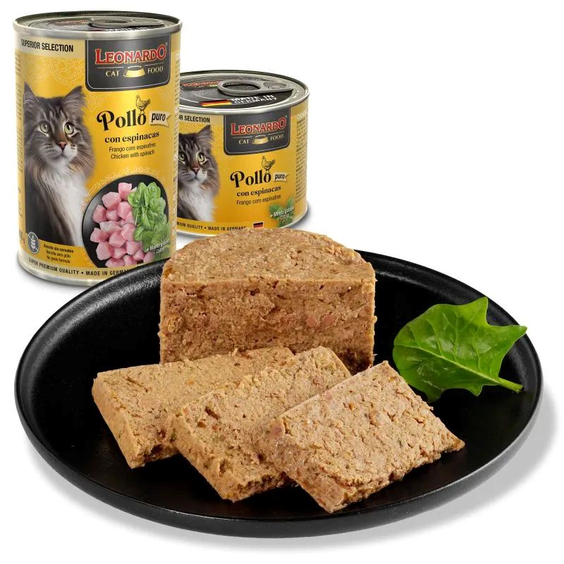 Leonardo Cat Food Alimento húmedo Superior SelectionPollo y Espinacas Alimento húmedo sin Cereales para Gatos Alimento húmedo Completo en Lata