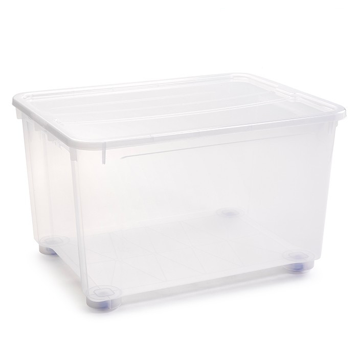 Tradineur - Caja de plástico transparente de 56 x 80 x 51,5 cm, con capacidad de 160 litros, Contenedor de plástico para almacenamiento con tapa válida para interior y exterior.