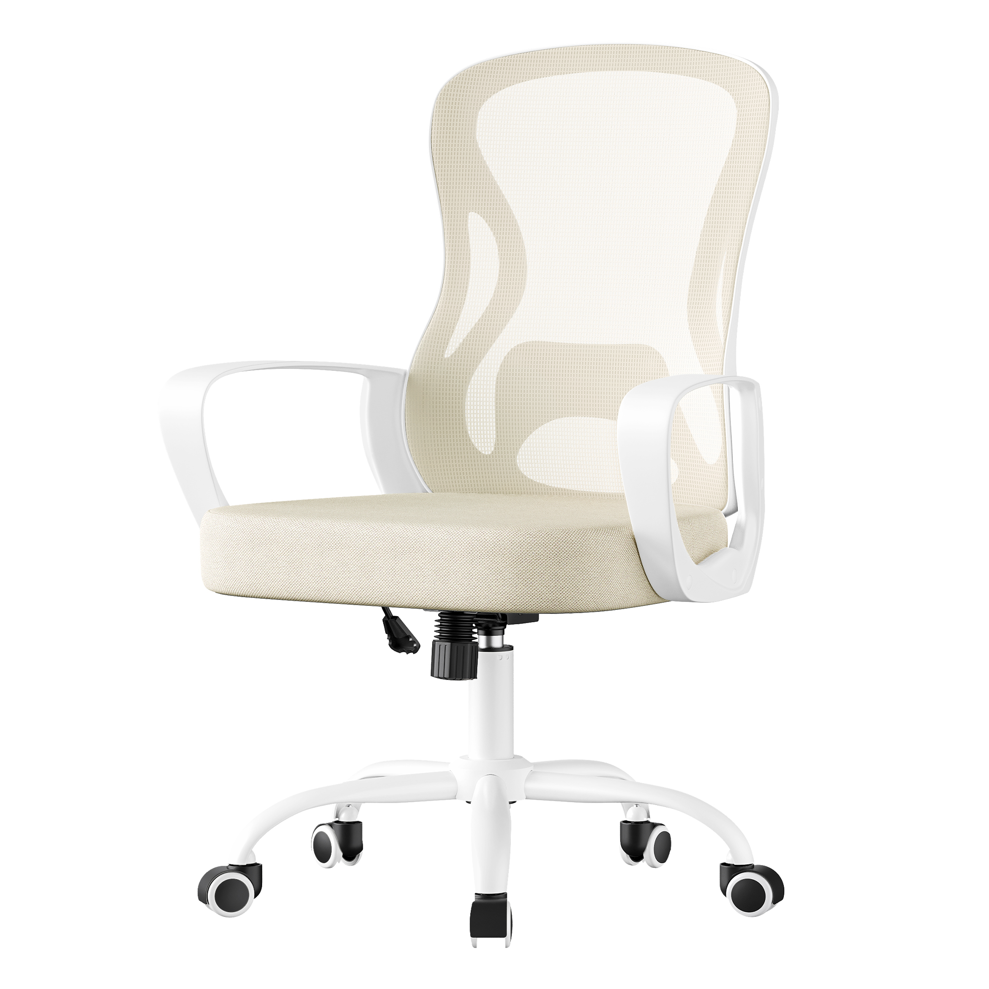 SONGMICS Silla de Oficina Ergonómica, Silla de Escritorio Giratoria de Malla con Soporte Lumbar, Reposabrazos, para Estudio y Dormitorio, Negro Tinta/Beige Capuchino y Blanco Nube