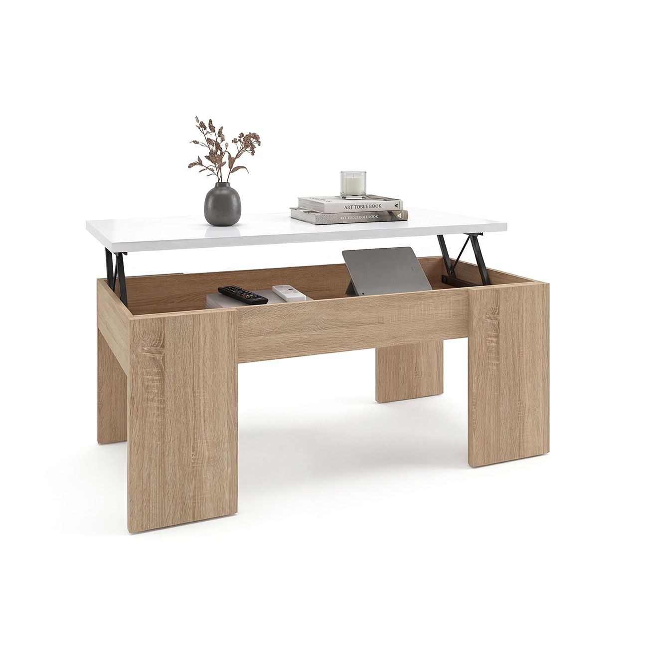 duehome - Mesa de centro elevable con almacenaje 100x45-56 cm Vita