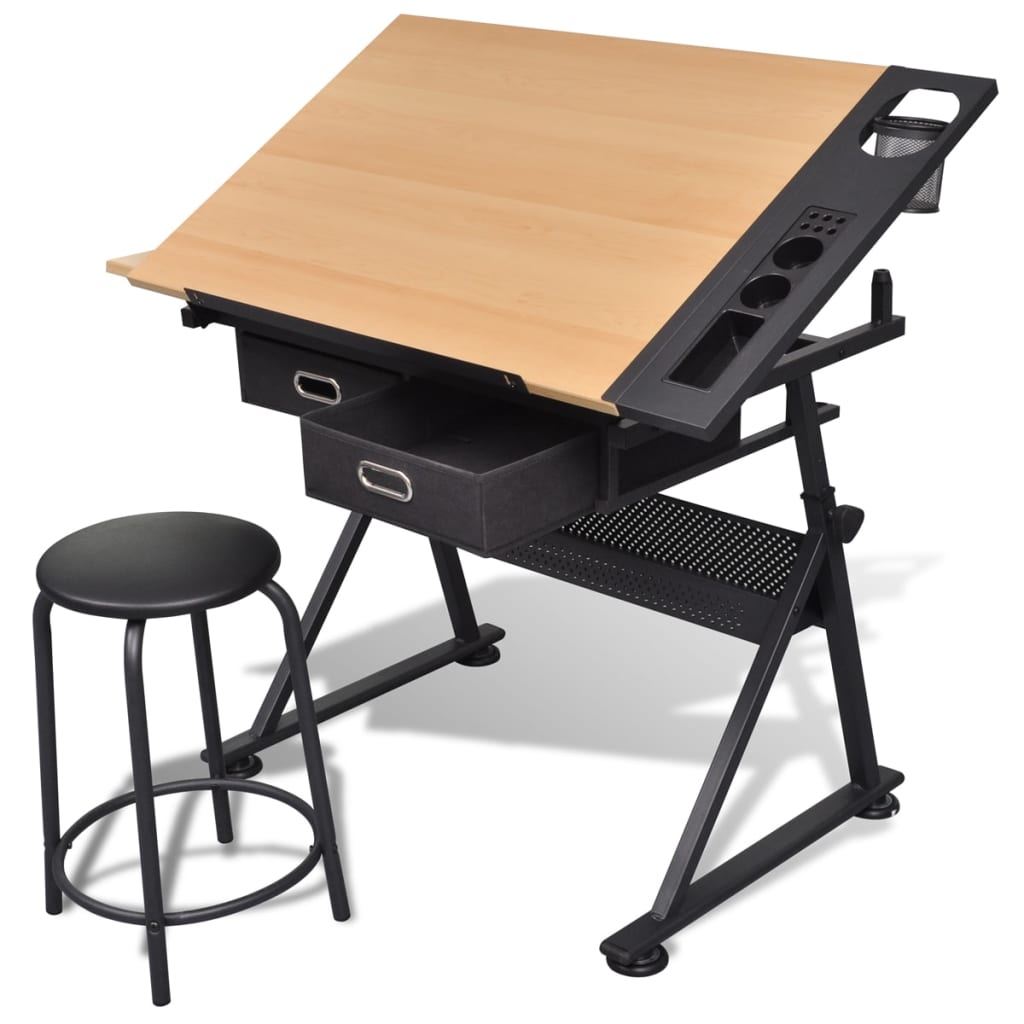 vidaXL Mesa de dibujo inclinable con 2 cajones y taburete