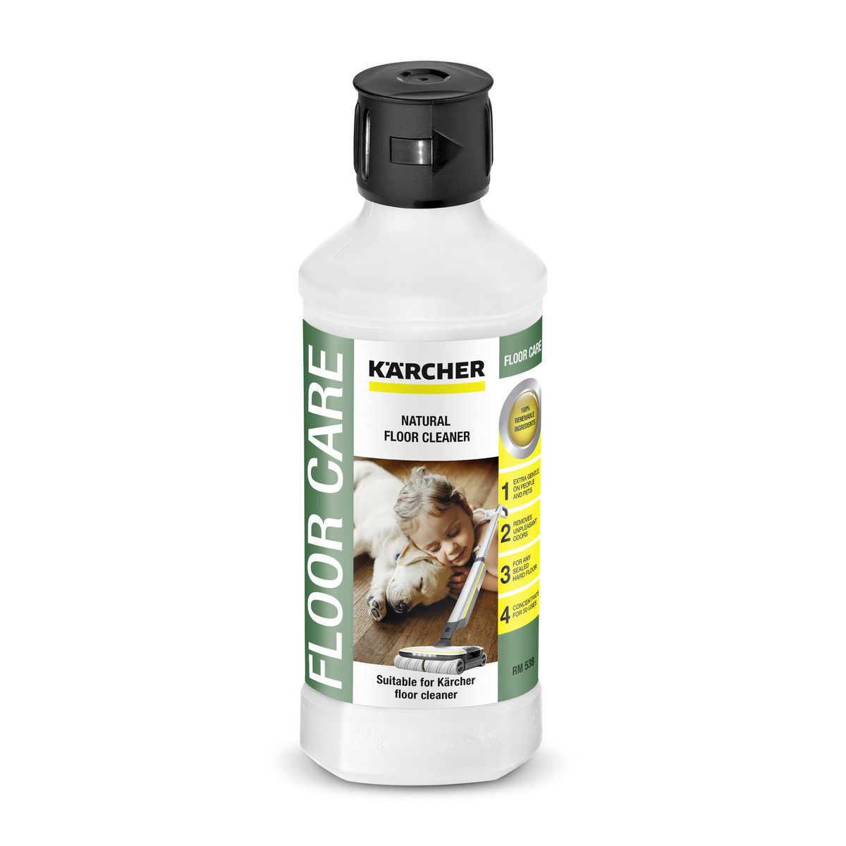 Kärcher Limpiador de suelos natural RM 538N vegano sin siliconas, microplásticos colorantes, ideal para familias, dueños de mascotas, potente, para todos los suelos duros sellados 0,5 l