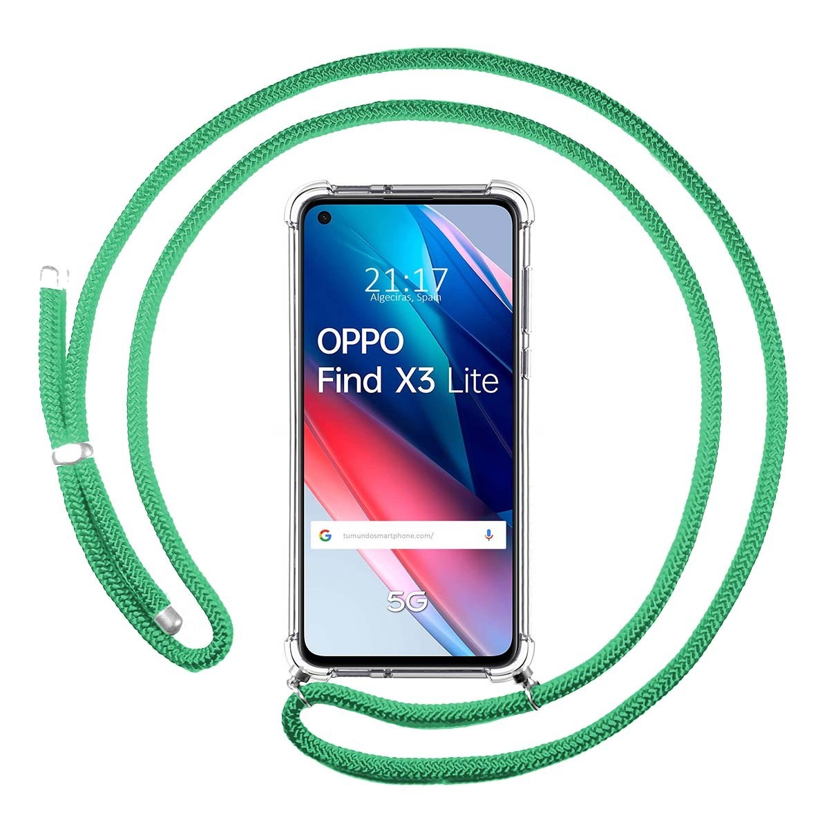 Tumundosmartphone Funda Colgante Transparente para Oppo Find X3 Lite 5G con Cordon Verde Agua