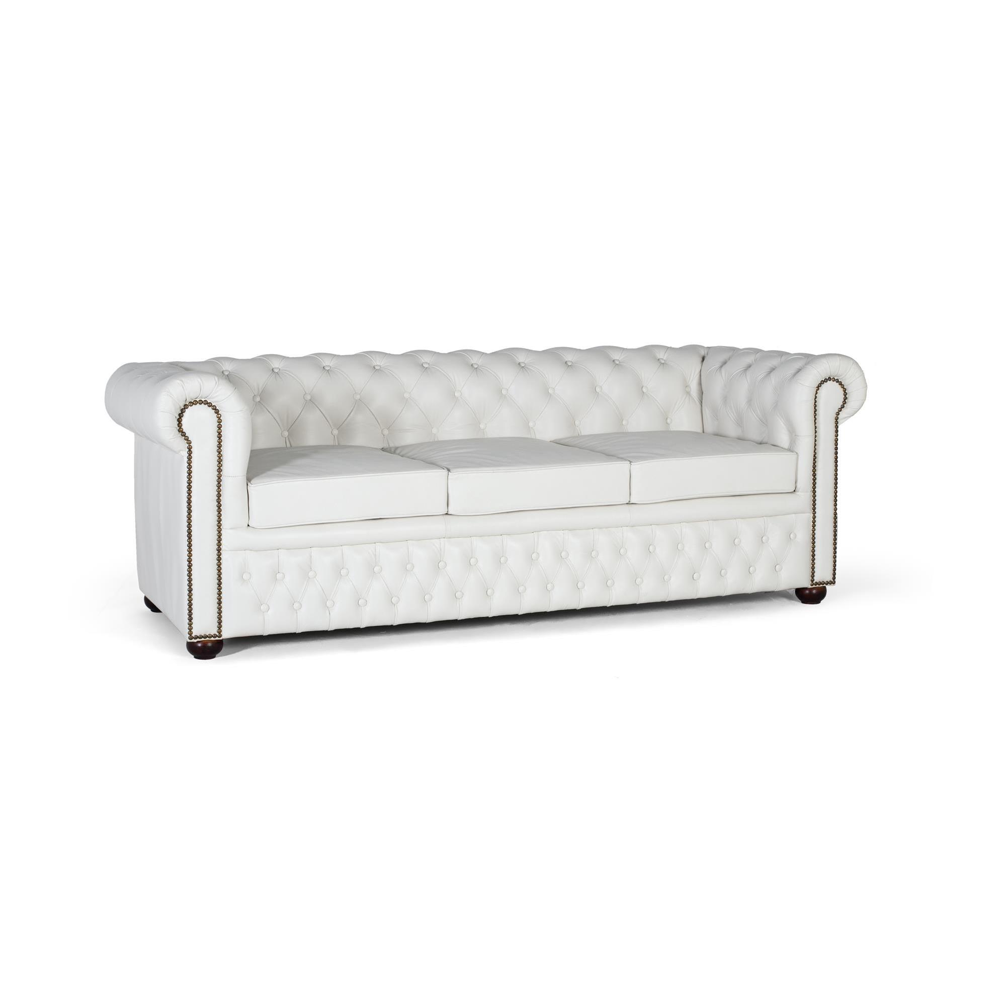 Sofá chester de tres plazas tapizado en piel natural blanco72X200X85