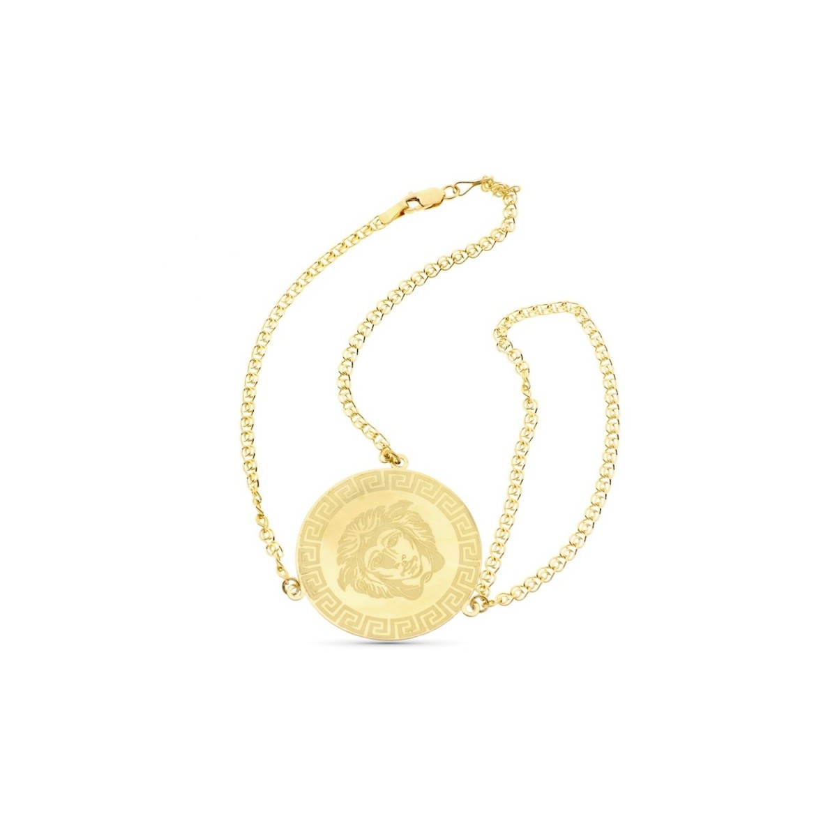 Pulsera oro 18k enganche dedo moneda greca matizada india cierre mosquetón