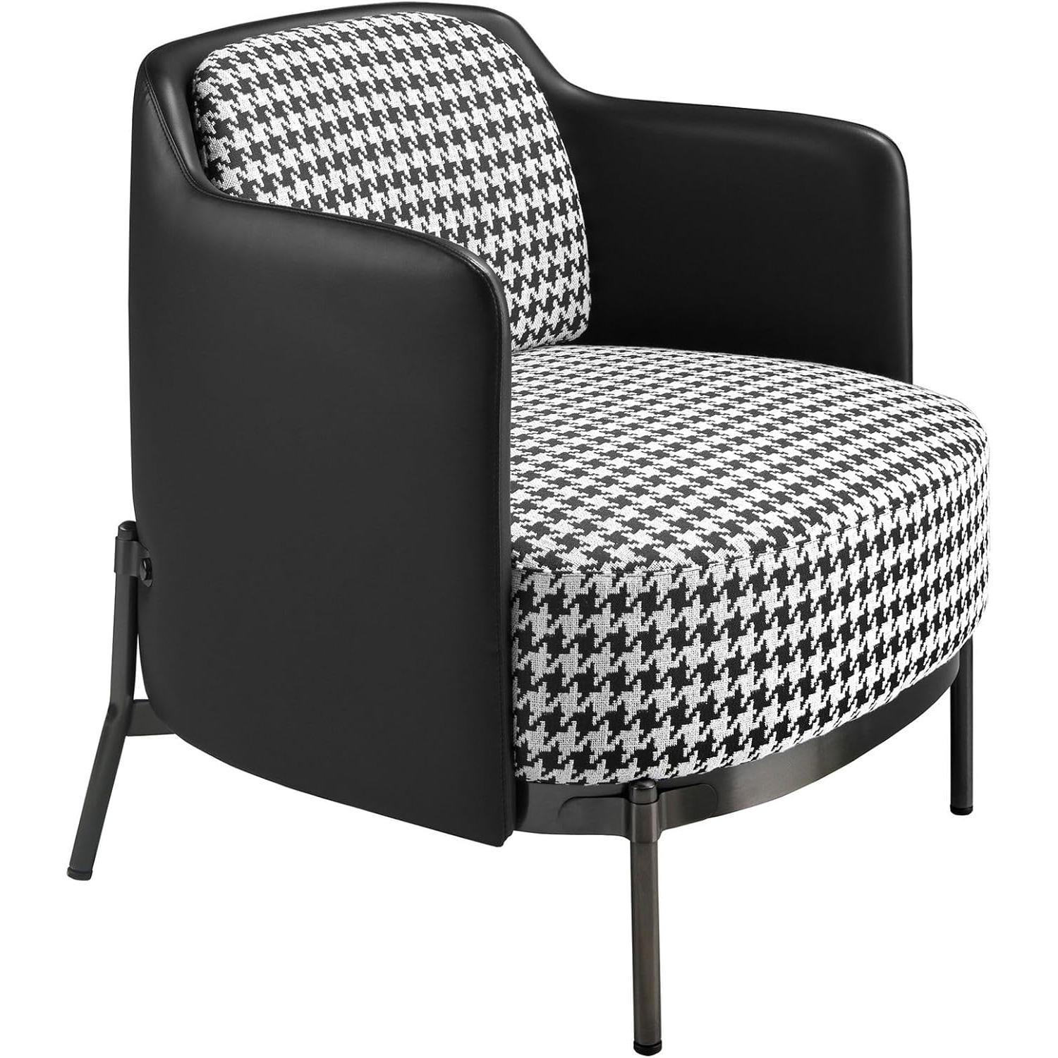 ANGEL CERDÁ - Sillón de Tela Blanca y Negra con Respaldo en Polipiel Negro - Sillón de Diseño Moderno con Patas de Acero Pulido Oscurecido - 68 x 70 x 73 cm