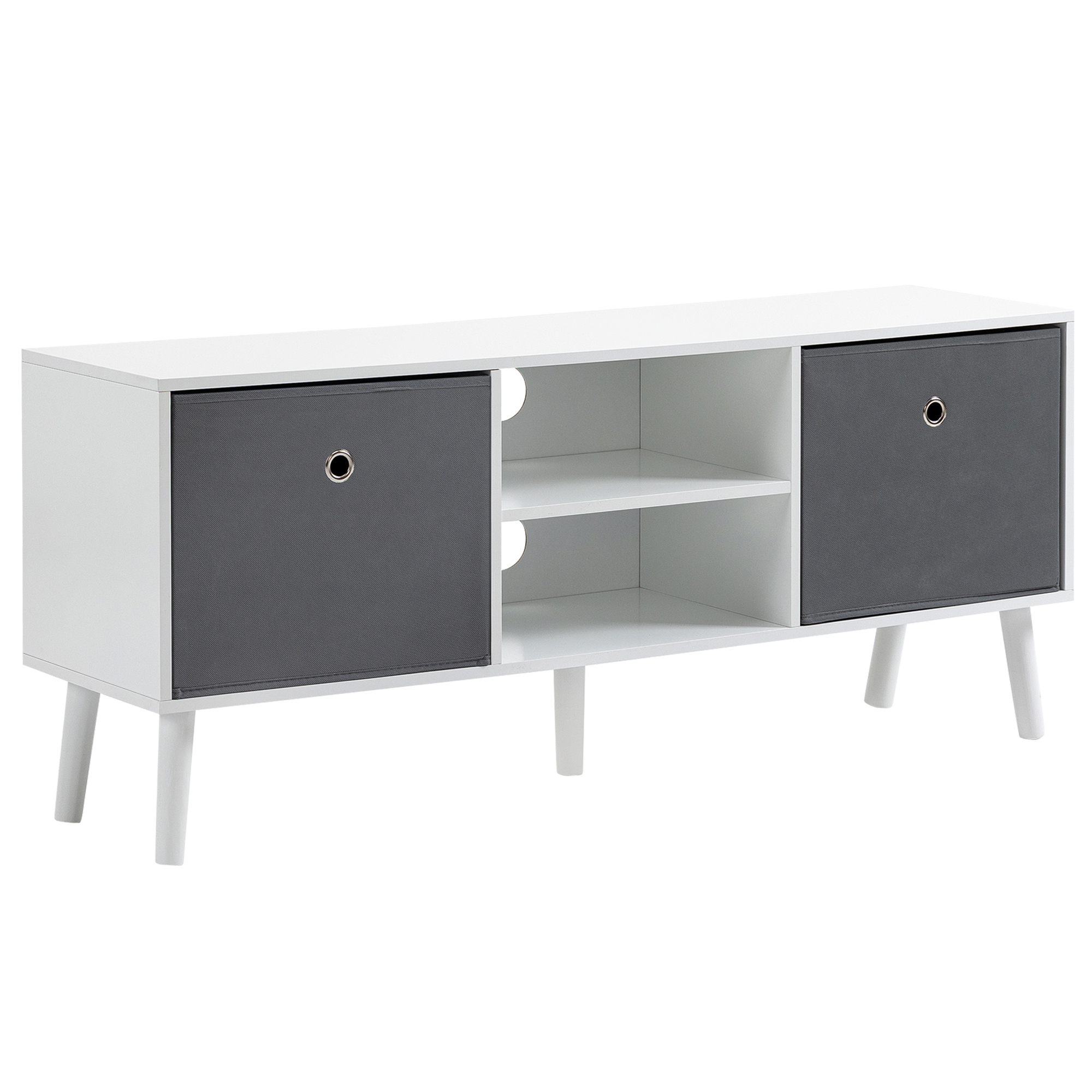 HOMCOM Mueble de TV, Mesa de TV con 2 Cajones de Tela, 2 Estantes Abiertos, Orificios para Cables, para Televisores hasta 50 Pulgadas, Largo de 110 cm, para Salón, Dormitorio, Blanco y Gris