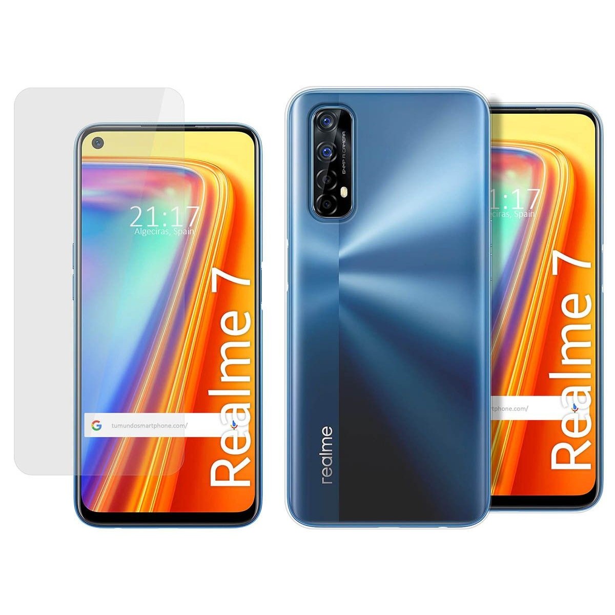 Tumundosmartphone Pack 2 en 1 Funda Gel Transparente + Protector Cristal Templado para Realme 7 - Protección Completa
