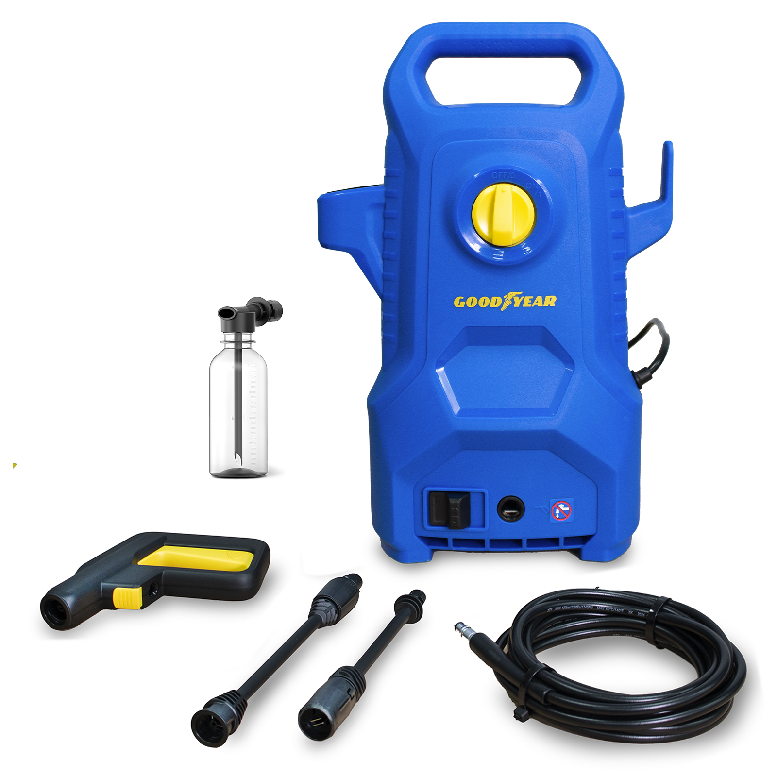 Hidrolimpiadora Goodyear 1400W 100 Bar Alta Presión – Limpiadora a Presión Compacta con Pistola y Lanza, Manguera 5m, Depósito Detergente 200ml, Auto Stop, Mango Ergonómico