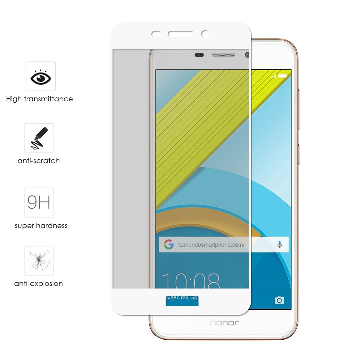 Tumundosmartphone Protector Cristal Templado Frontal Completo Blanco para Huawei Honor 6C Pro Vidrio