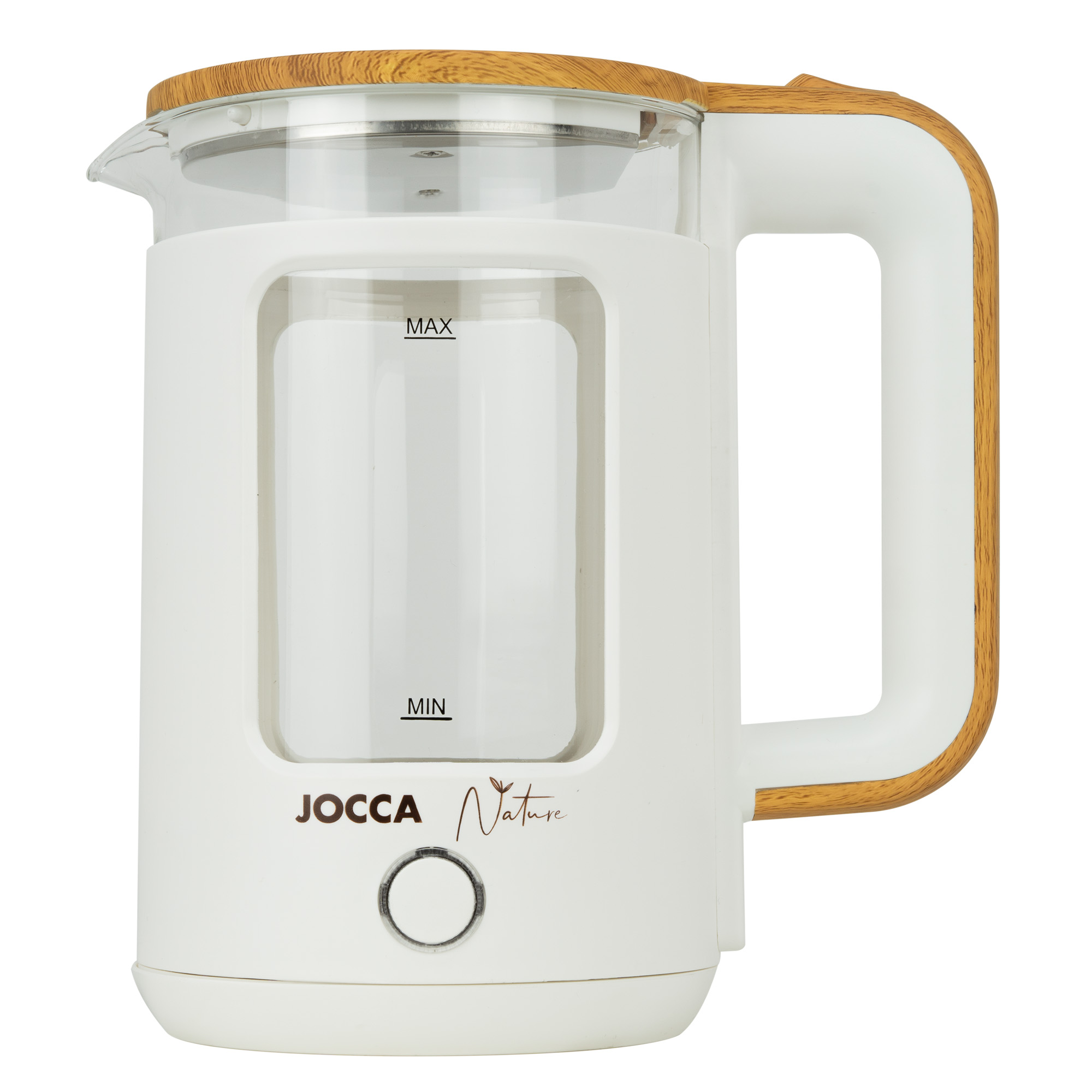 Hervidor de agua eléctrico Jocca Nature 1,8L blanco o negro, diseño elegante con detalles en madera. Ebullición rápida con resistencia oculta con indicador luminoso, base giratoria 360° y apagado automático.  Hecho con vidrio y acero. 1500W de potencia