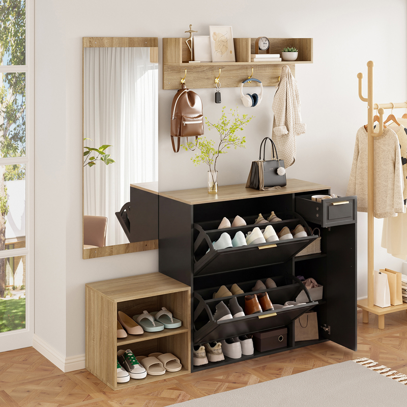 Ensemble de meubles d’entrée 4 pièces effet bois naturel et noir avec meuble à chaussures, banc, portemanteau et miroir