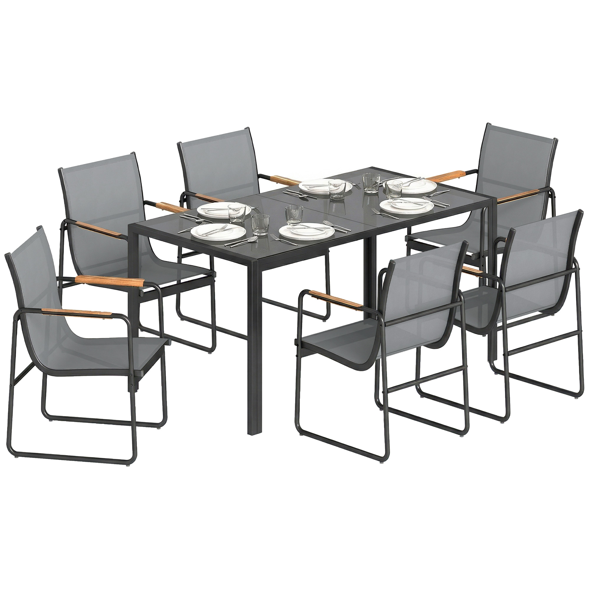 Outsunny Conjunto de Mesa y Sillas Jardín de 7 Piezas, Muebles Jardín Exterior con Mesa de Vidrio Templado, 6 Sillas Transpirables Decorativas, Marco de Acero Resistente a la Intemperie