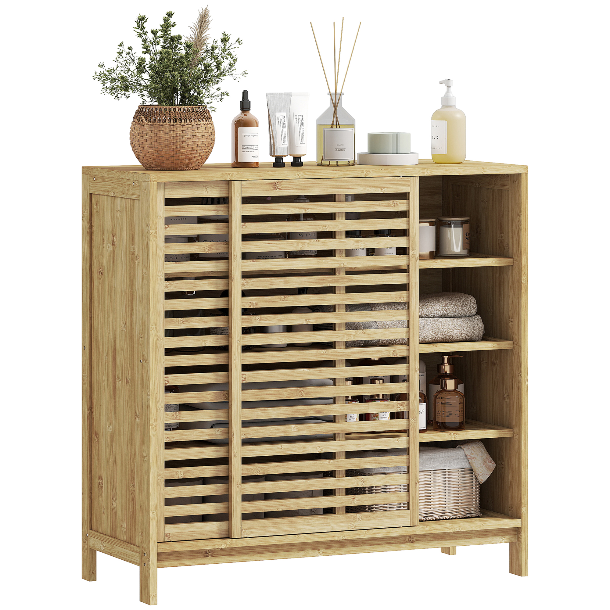 HOMCOM Armario de Baño de Bambú Mueble de Baño con 2 Puertas Correderas Diseño con Lamas 4 Estantes Mueble Auxiliar de Almacenaje para Cocina Salón 80x34x80 cm Natural