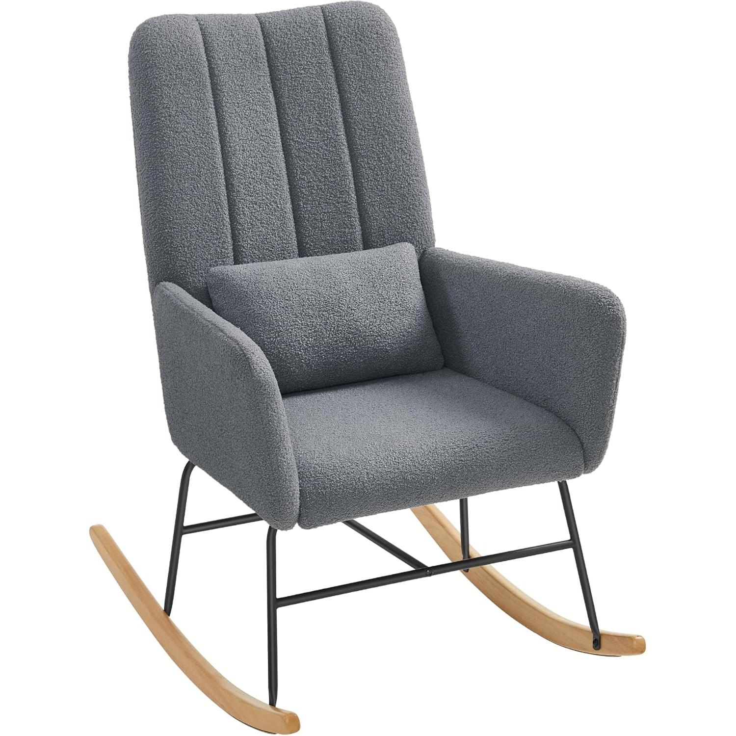 SONGMICS HOME Silla Mecedora, con Reposabrazos, Reclinable, Cubierta de Vellón, Marco de Acero, Patas de Madera de Caucho, Carga de 160 kg, para Dormitorio, Salón, Blanco Crema/Gris Pizarra