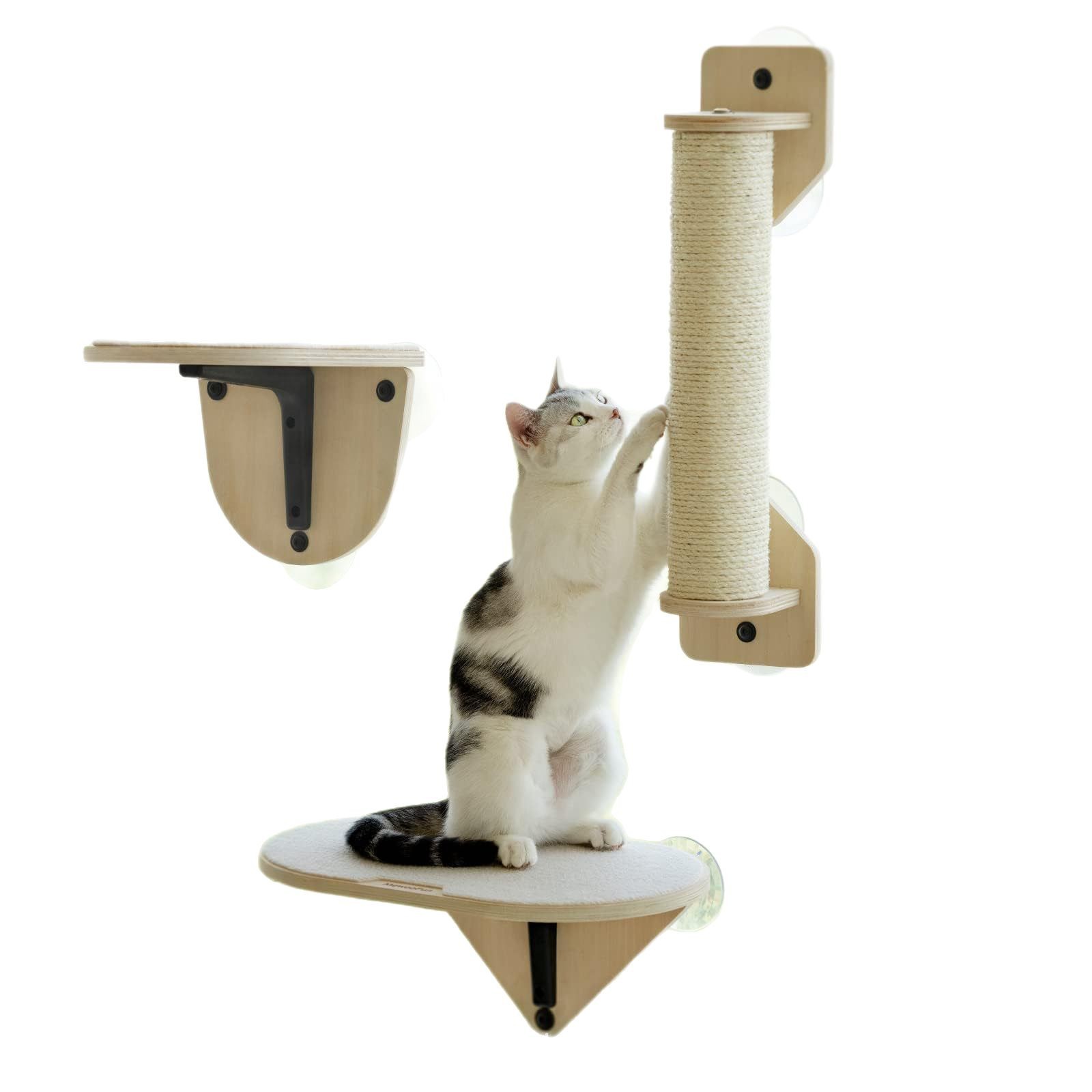 3 Piezas Hamaca de Ventana para Gatos en Madera con Ventosas Extra Fuertes – Plataforma Elevada Modular con Zona de Salto, Cama de Descanso y Rascador de Sisal, Ideal para Gatos de Interior que Aman Trepar, Dormir al Sol y Observar
