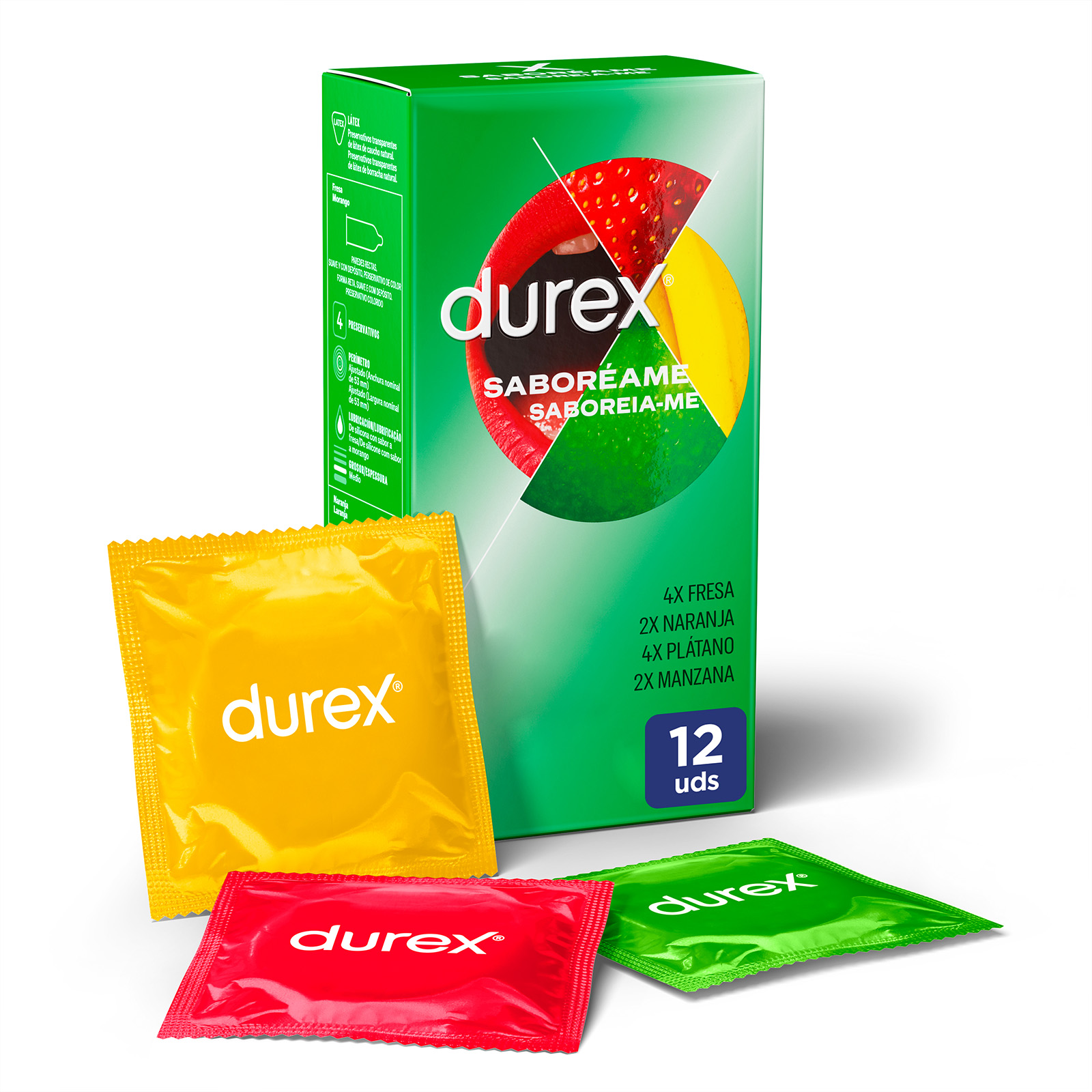 Durex - Durex - Preservativos Saboreame para Mayor Sensación, sabor fresa. naranja. platano, manzana, Packs 12-24 condones para un sexo seguro