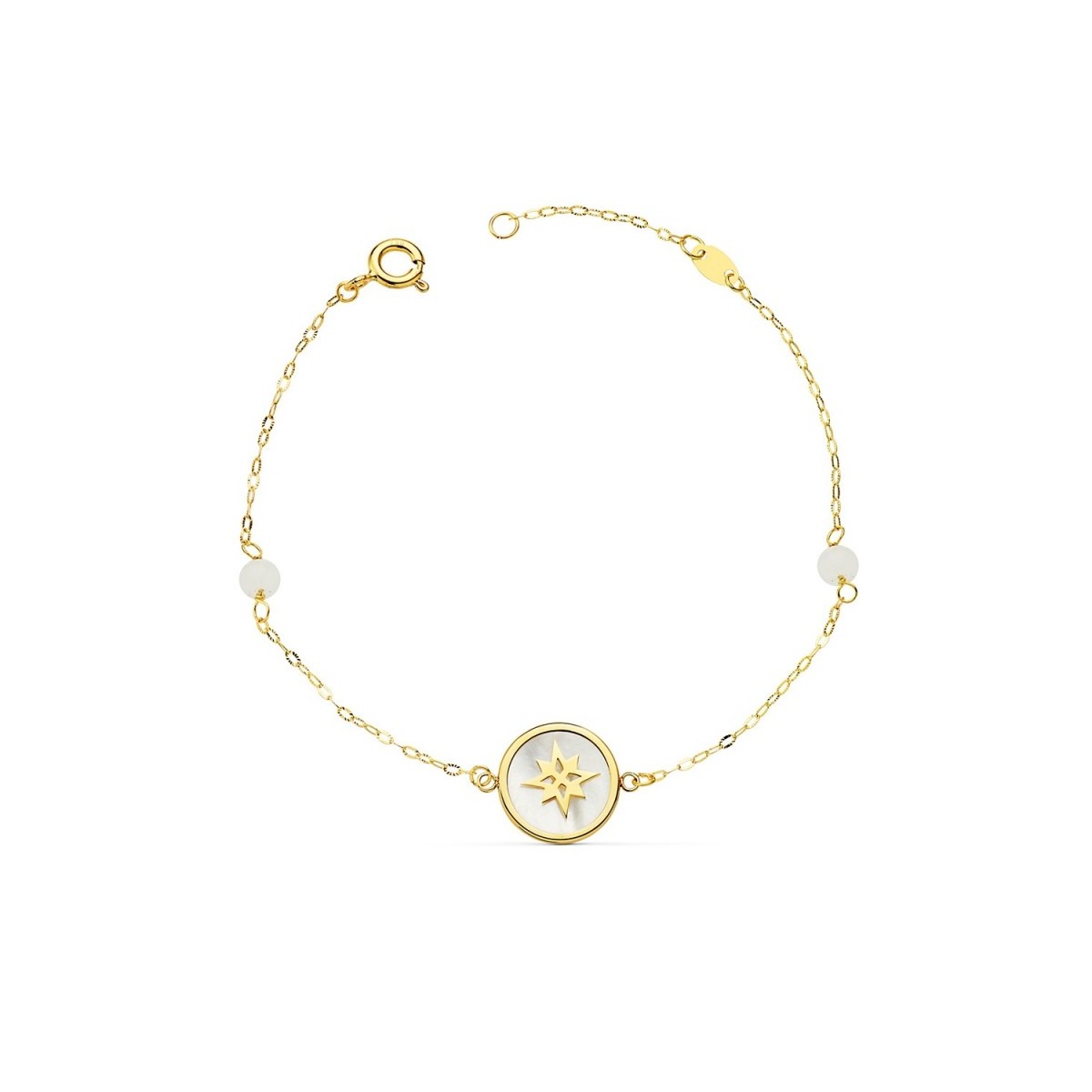 Rosa de los Vientos Pulsera oro 18k forzada 15cm. disco 12mm. nácar bolas jade 4mm. cierre reasa