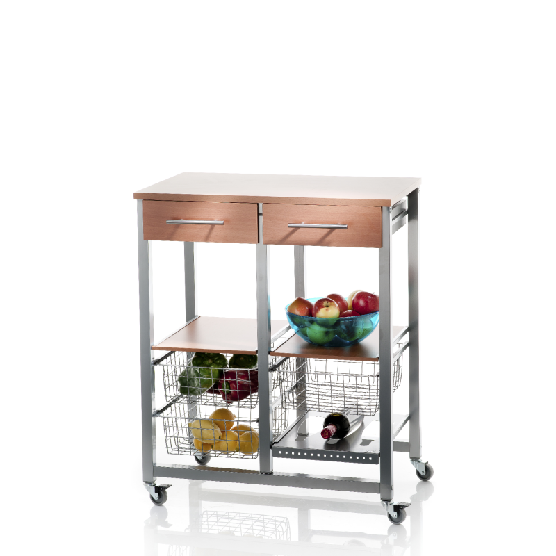 DON HIERRO - Carrito de cocina con ruedas, cajones, cestas y botellero - OSLO - Estructura color aluminio y encimera efecto nogal-
