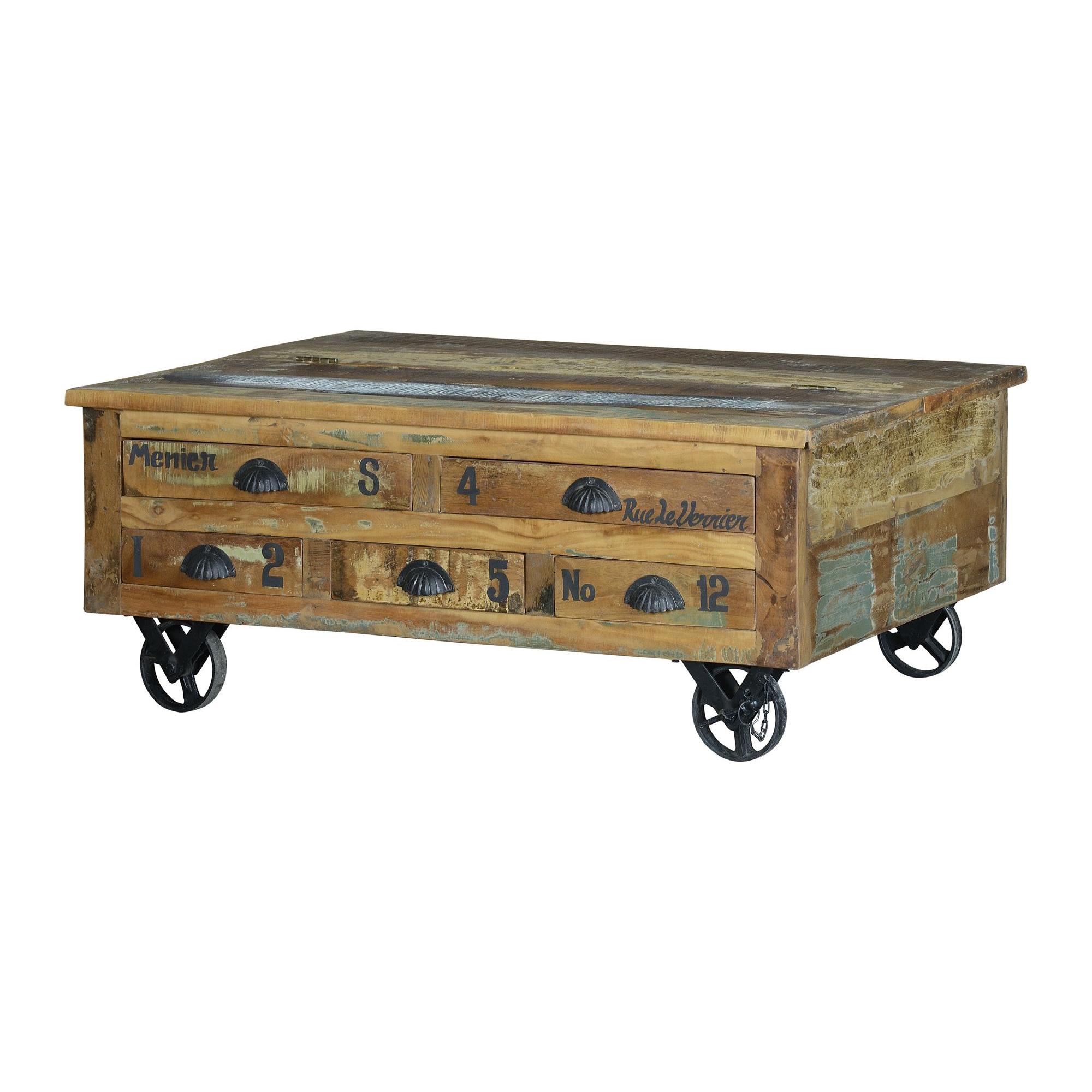 Mesa de café en madera reciclada y ruedas de metal multicolor