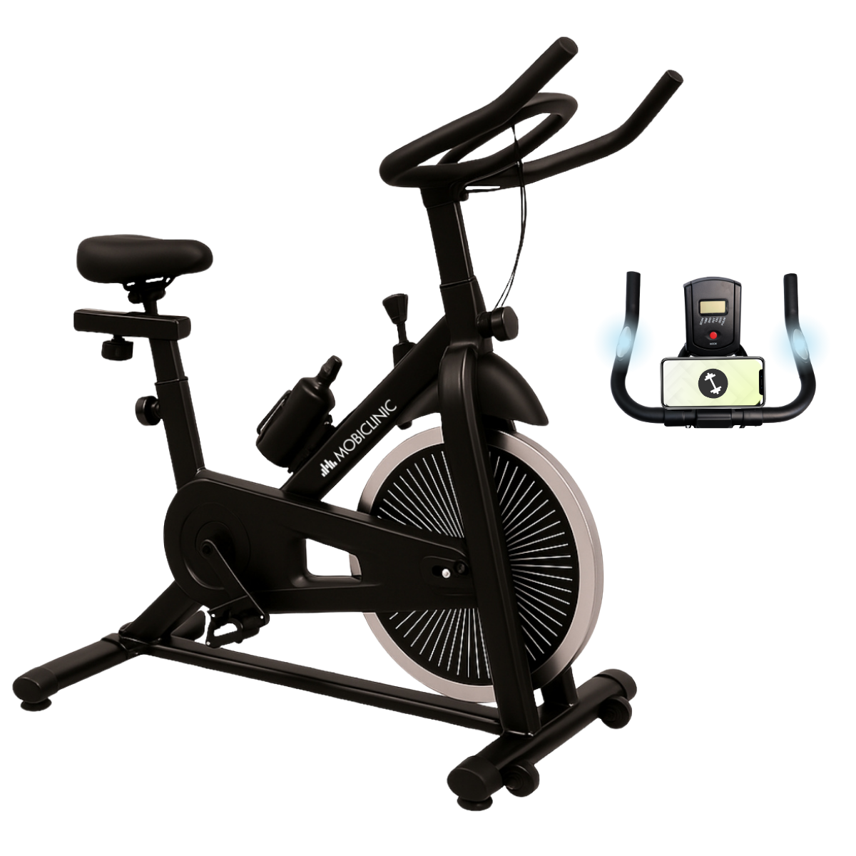 Bicicleta estática Mobiclinic® Varios niveles de resistencia Teide Regulable al completo Pantalla LCD Marca Española Pulsómetro Botella y portabotellas Soporte para móvil