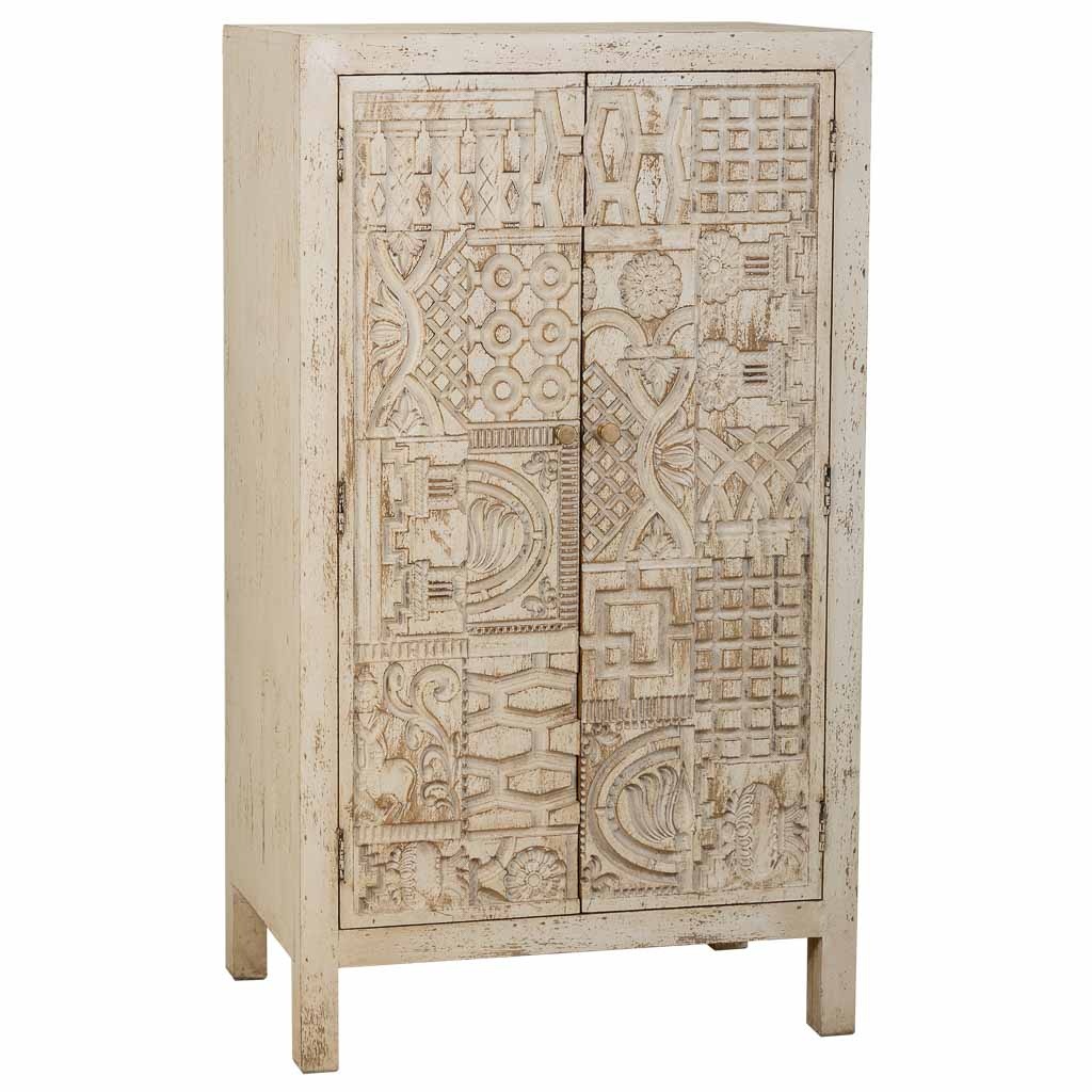 Wonderlust Deco - Armario de madera labrada acabado artesanal 2 puertas beige 78x35x140 Beige 78x35x140h cm