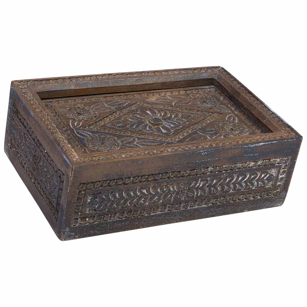 Wonderlust Deco - Caja de madera acabado artesanal envejecido marrón 29x20x09h cm Blanco 29x20x09h cm