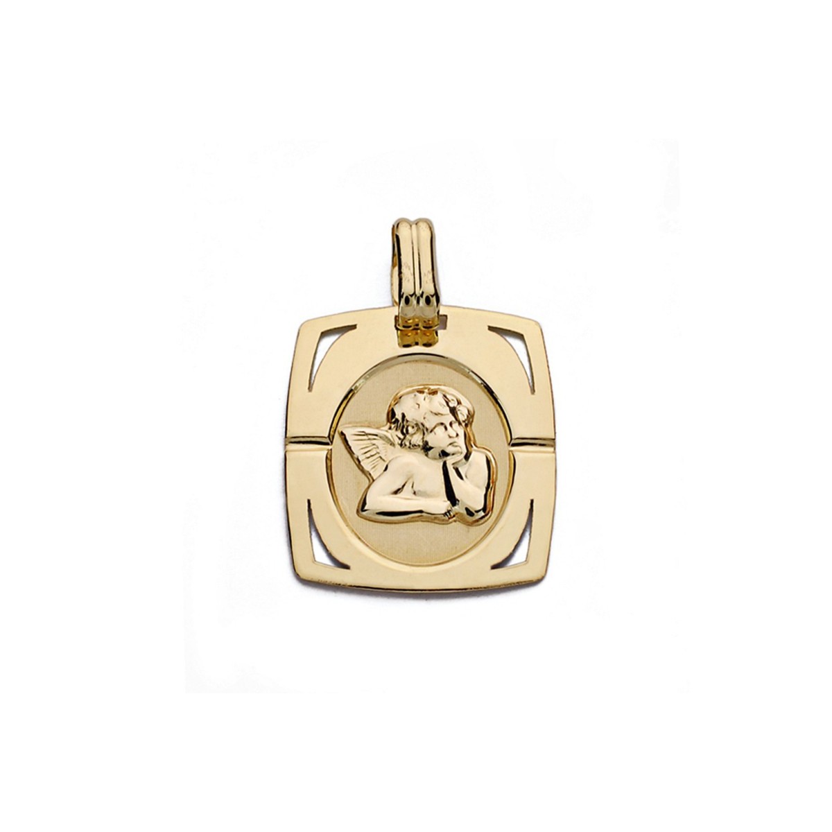 Medalla oro 9k colgante 20mm. angelito forma rectangular esquinas caladas