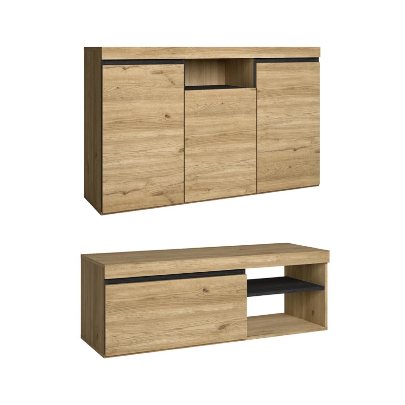 Skraut Home - Set modelo Naturale, compuesto por 1 Buffet y 1 Mueble tv,  fabricados en Melamina color Roble/Negro Nórdico