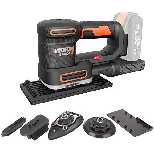 WX820.9 20V 5-in-1 Sander by Worx, features orbital, eccentric, detail, curved, and finger sanding bases, includes 15 sandpapers, CE certified, perfect for versatile sanding tasks without needing multiple tools.