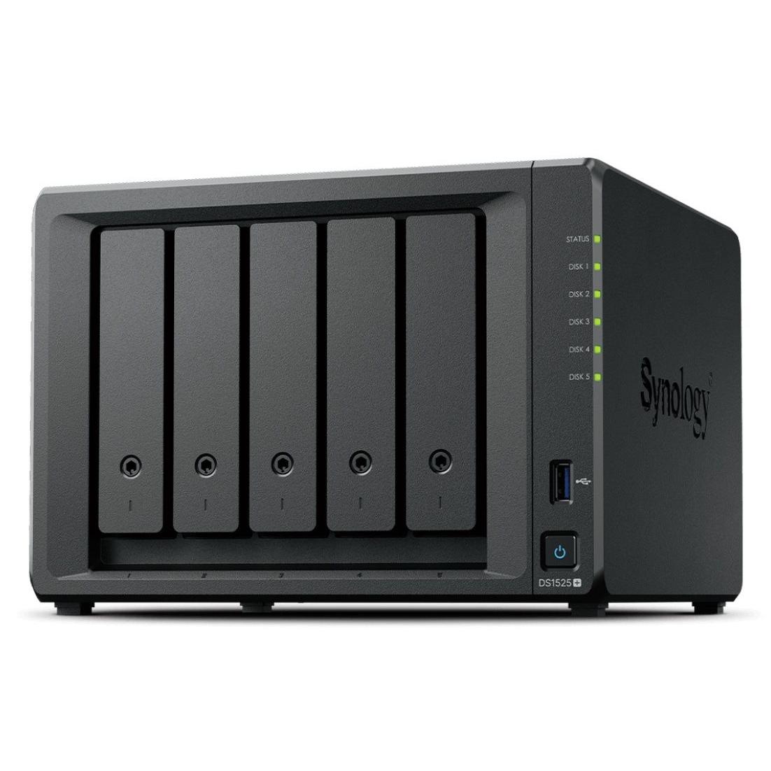 Synology - Servidor NAS DS1525+ con procesador AMD Ryzen V1500B, 8 GB DDR4 ECC ampliable a 32 GB, 5 bahías hot-swap y soporte RAID 5/6/10 para pymes