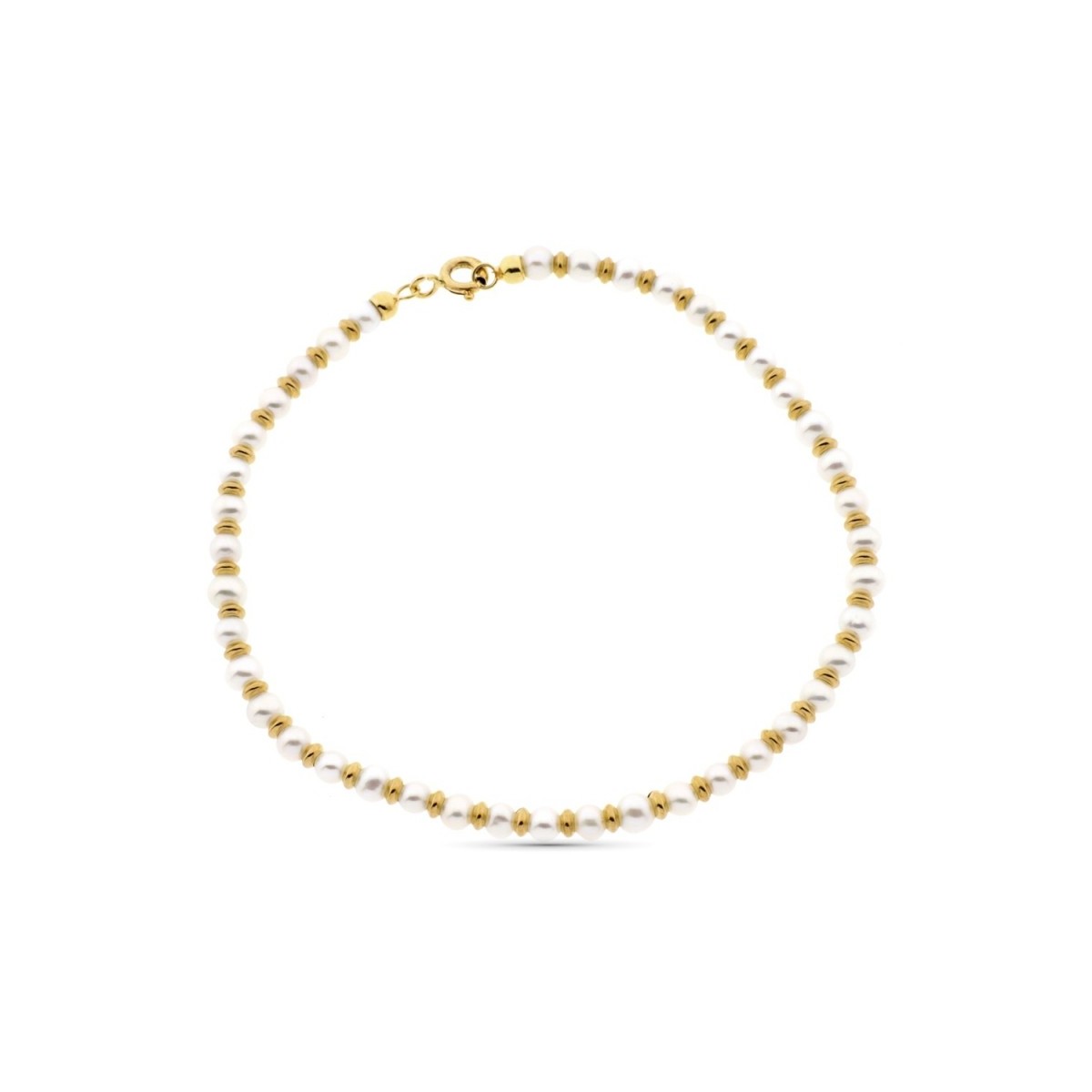 Pulsera oro 18k alterna 19cm. anillas brillo perlas 3mm. cierre reasa
