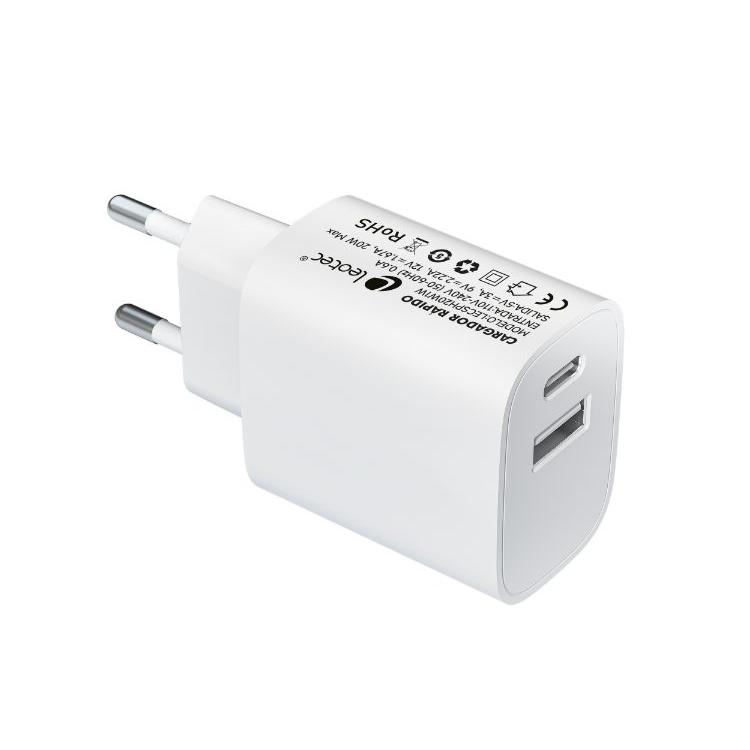 Cargador pared/viaje usb-c/pd + usb-a 20w blanco leotec