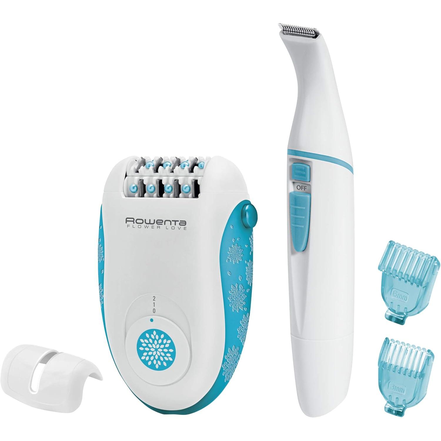 Rowenta Depiladora Flower Love EP2851F0 Kit 3 en 1-2 velocidades, 24 pinzas, Accesorio para depilación zona bikini con 2 peines