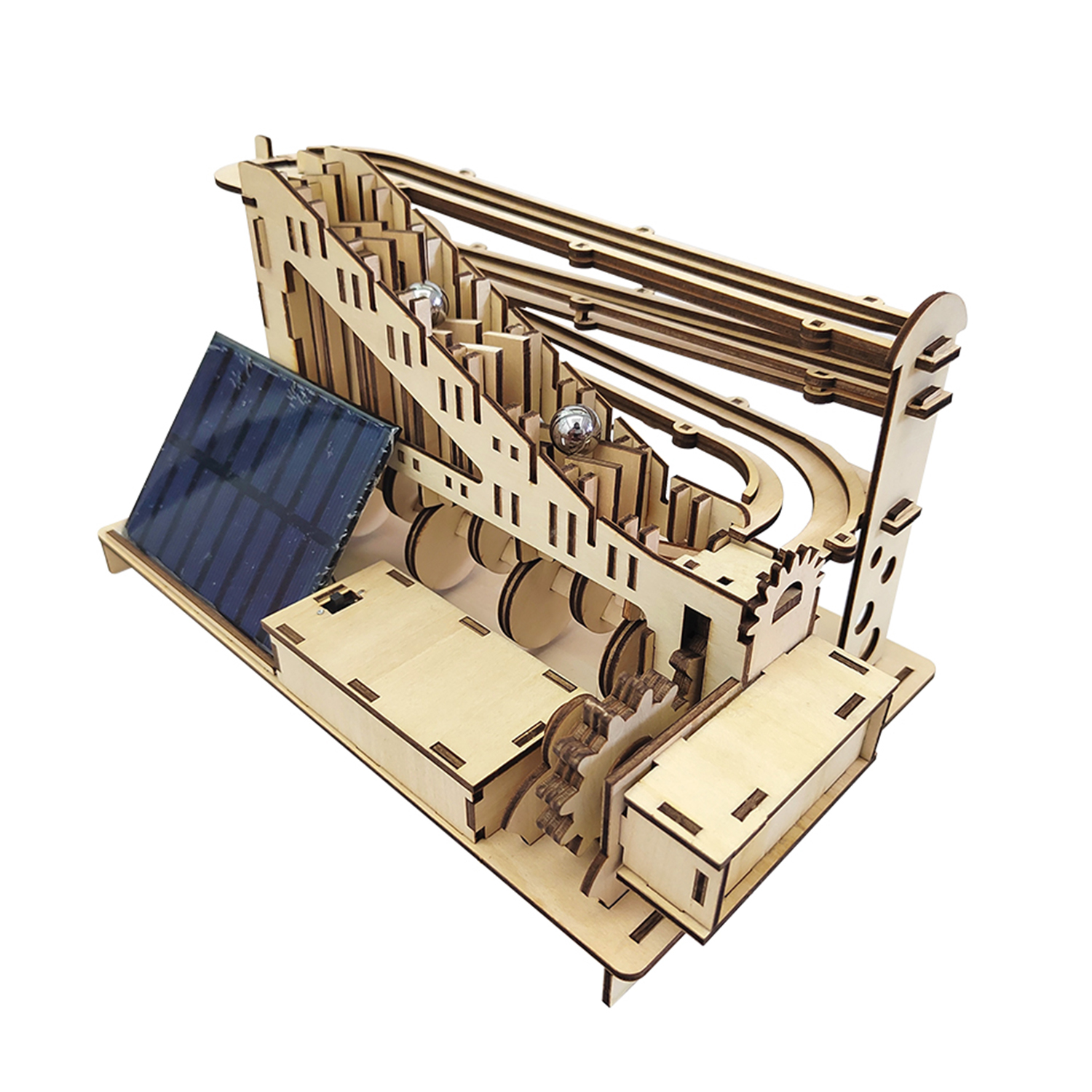 DAM Maqueta de Madera 3D, con movimiento mecánico diseño de Bolas de Escalera con panel Solar. 188 piezas. 25x15x14cm.
