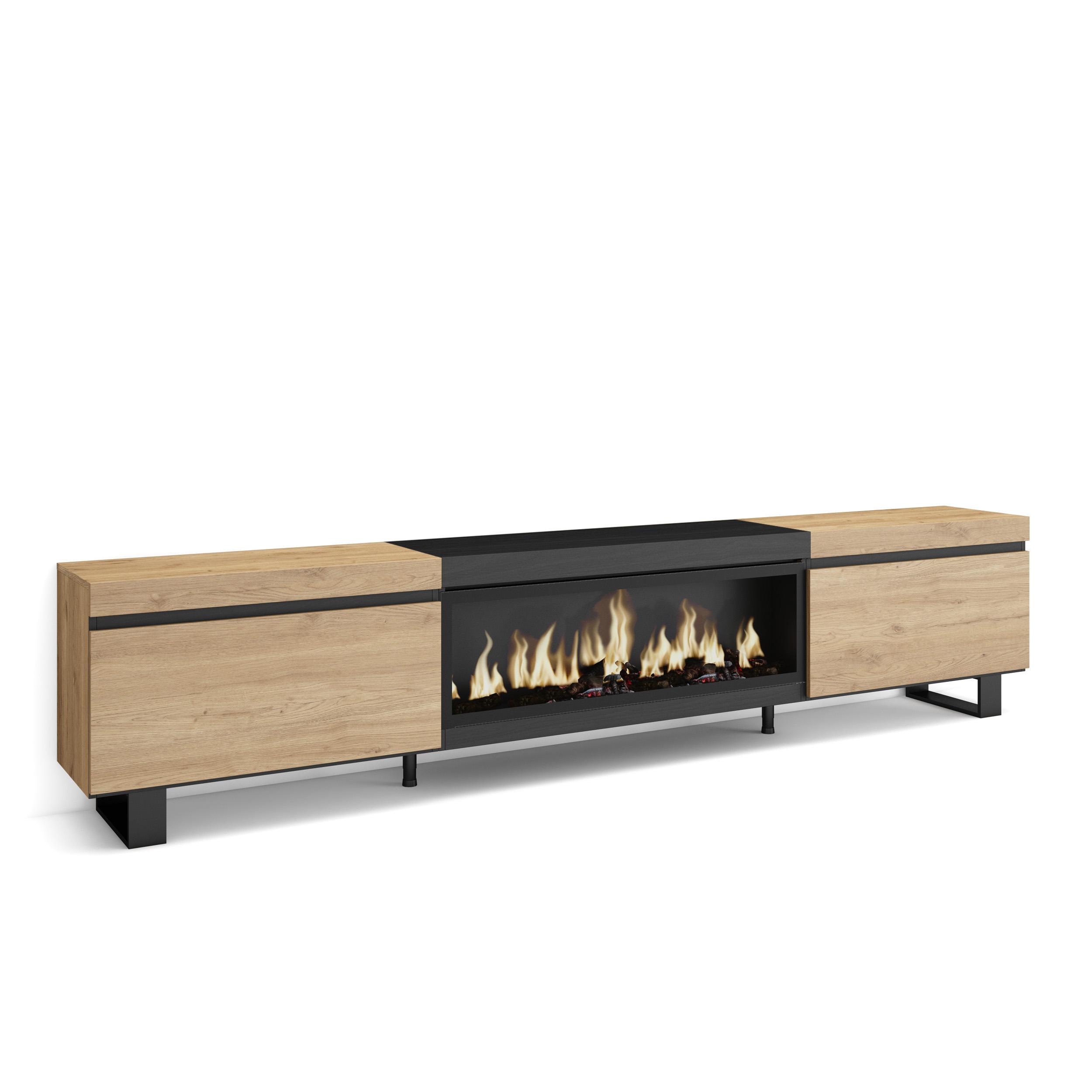 Skraut Home, Mueble TV, Televisión, Muebles de salón, almacenaje adicional, 267x35x57cm, Chimenea eléctrica XXL led efecto fuego 3d