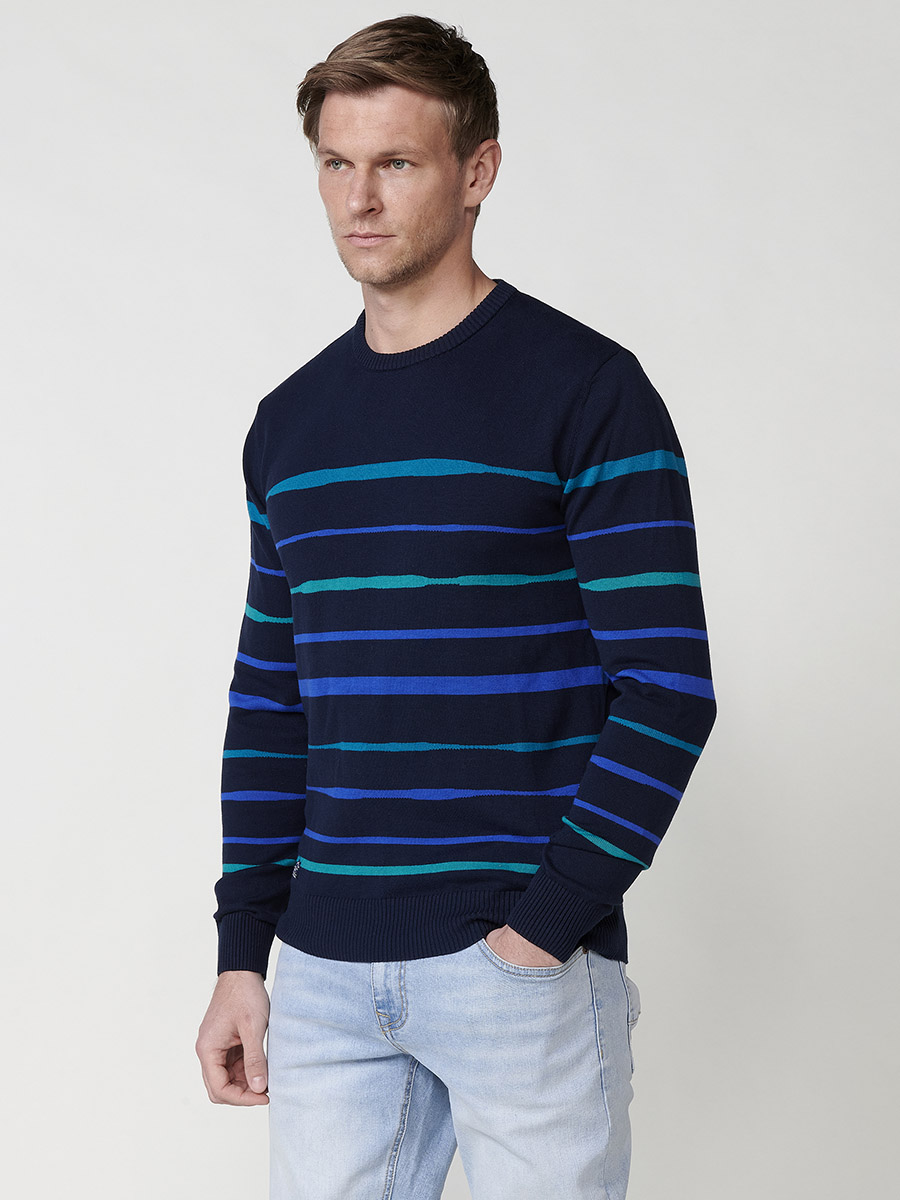 Koroshi - Jersey de punto cuello redondo a rayas para hombre, 100% algodón transpirable en navy, estilo versátil entretiempo y otoño