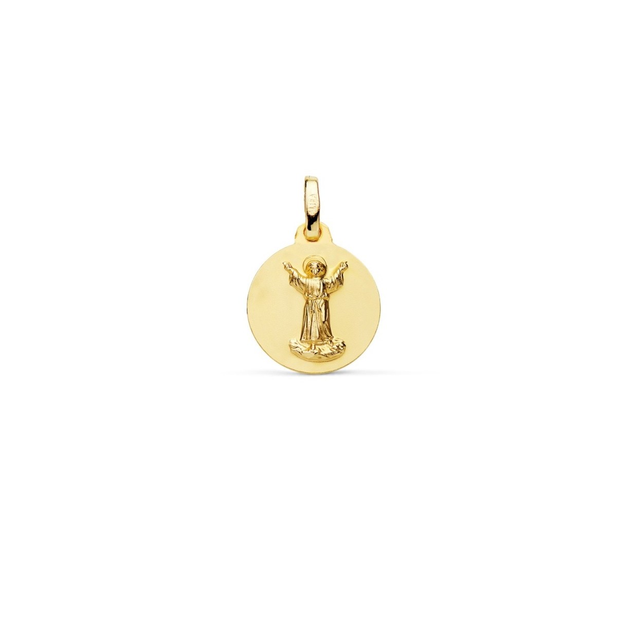 Medalla oro 18k Divino Niño Jesús 14mm. relieve lisa acabado matizado