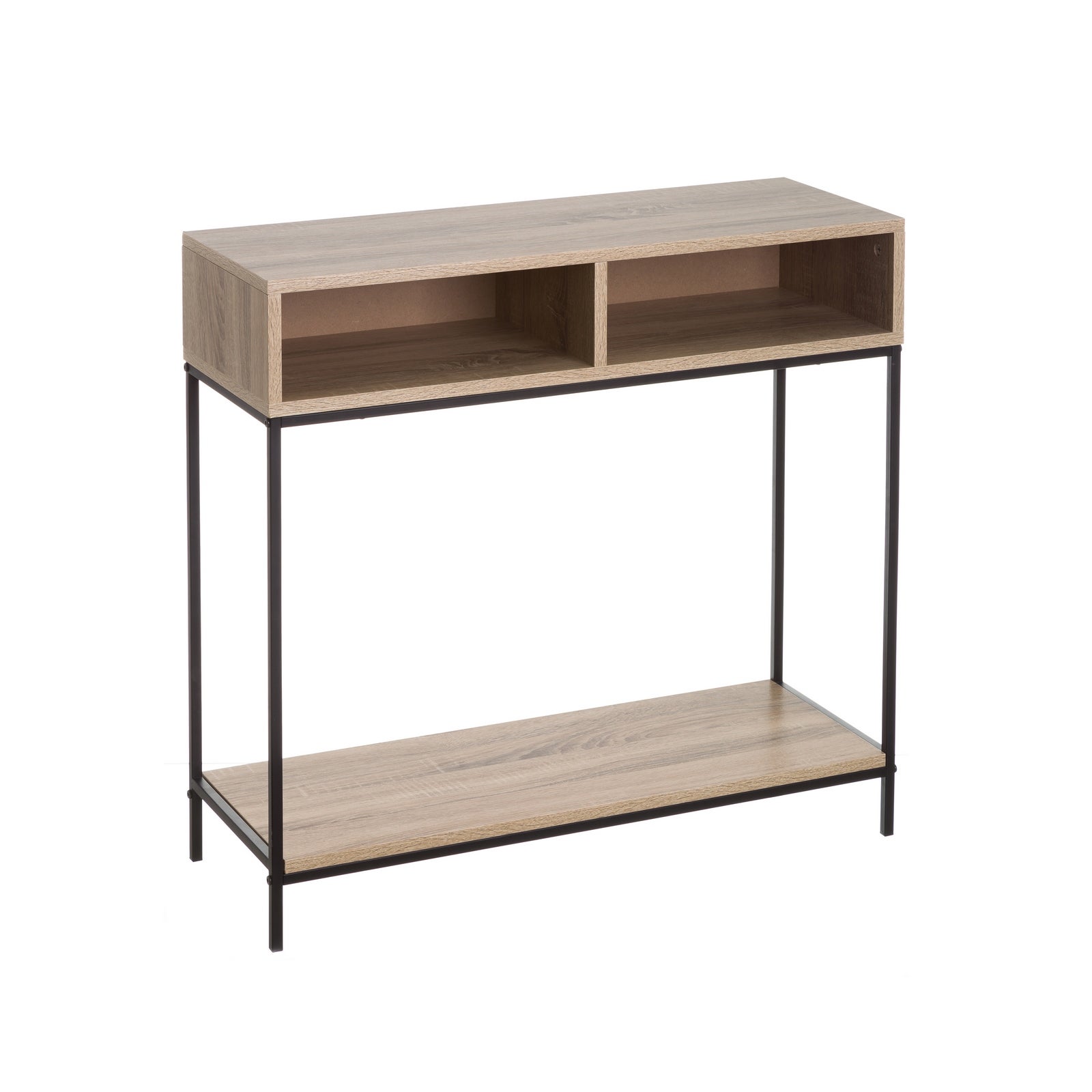 Consola recibidor Urban de metal negro y madera color roble de 80x30x75 cm Mueble auxiliar estrecho para recibidor, entrada o salón. Con 2 huecos y una balda inferior de almacenaje CasaSelección