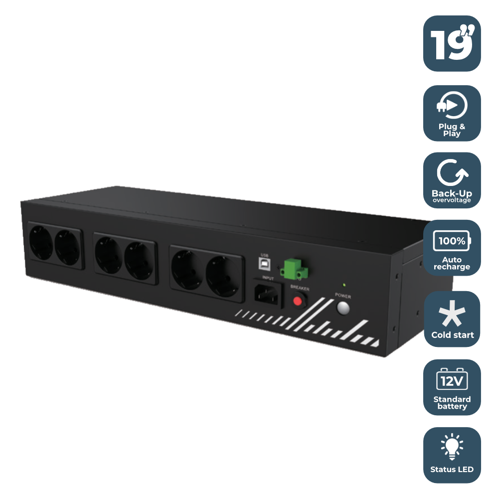 SAI PHASAK COMPACT - MODELO PH 9202, 800 VA, 8 Tomas Schuko, Protección Contra Sobretensiones, Compatibilidad APFC, USB HID, EPO, Plug & Play, Para Racks 19".