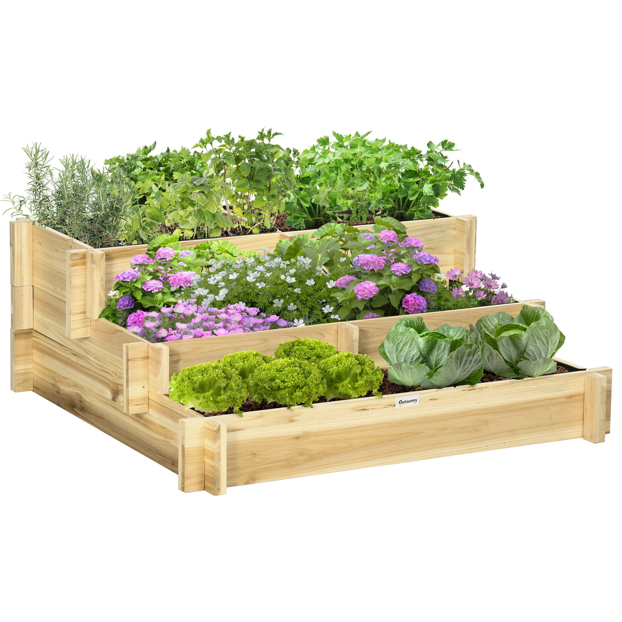 Outsunny Jardinera de Madera Arriate de Jardín de 3 Niveles con Diseño de Escalera y Tela no Tejida para Cultivos Plantas Flores para Terraza Jardín 93x93x35 cm Natural