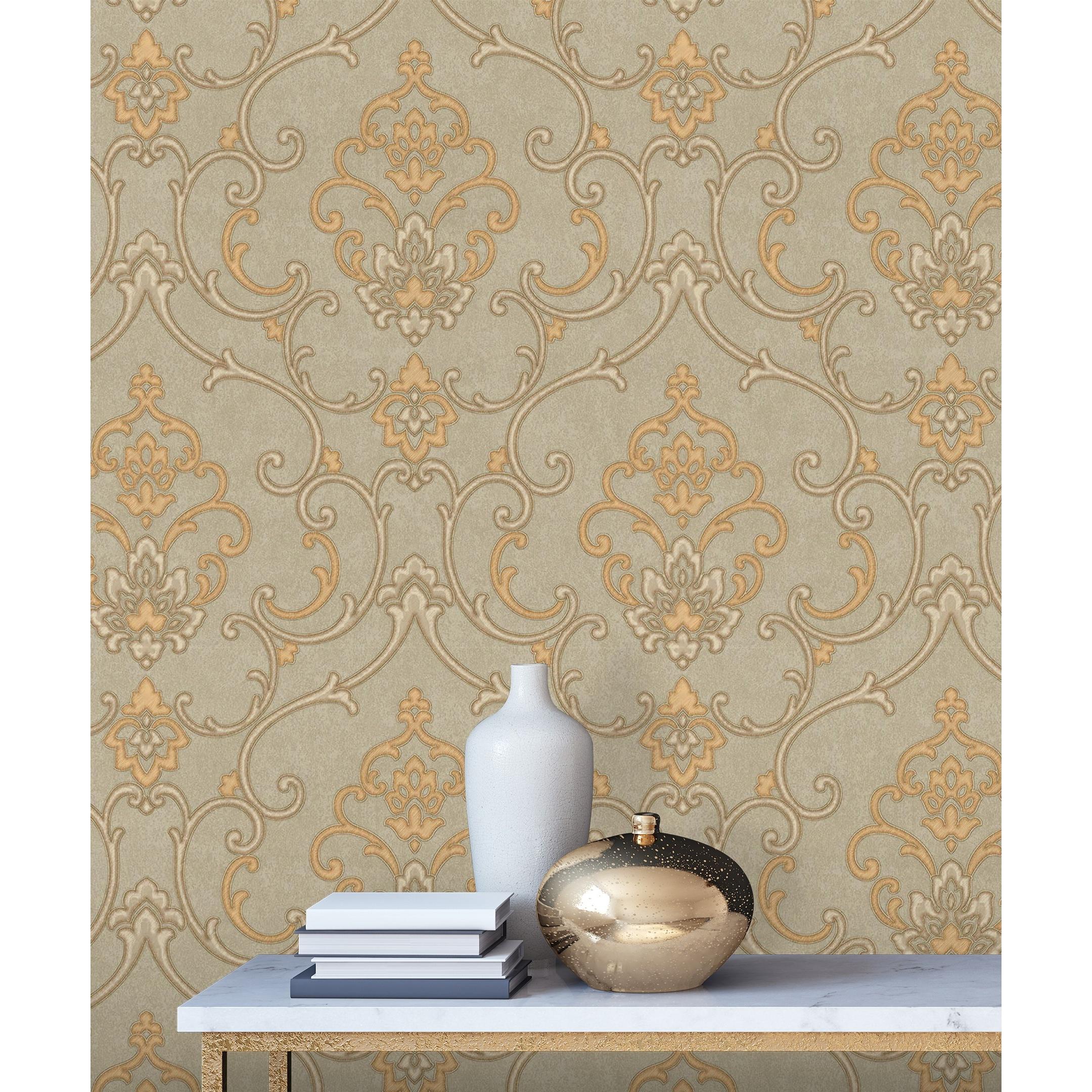 Papel pintado vinílico de damasco efecto textura de tela tejida en relieve - Osman Classic 676866 de GAULAN - Rollo de 10 m x 1,06 m
