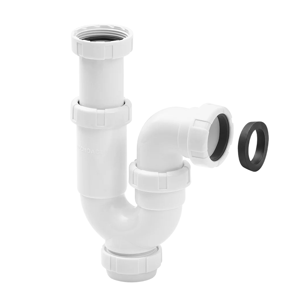 Sifón curvo extensible horizontal con tuerca loca para fregadero, lavabo, pila de lavadero | Tecnoagua T-31