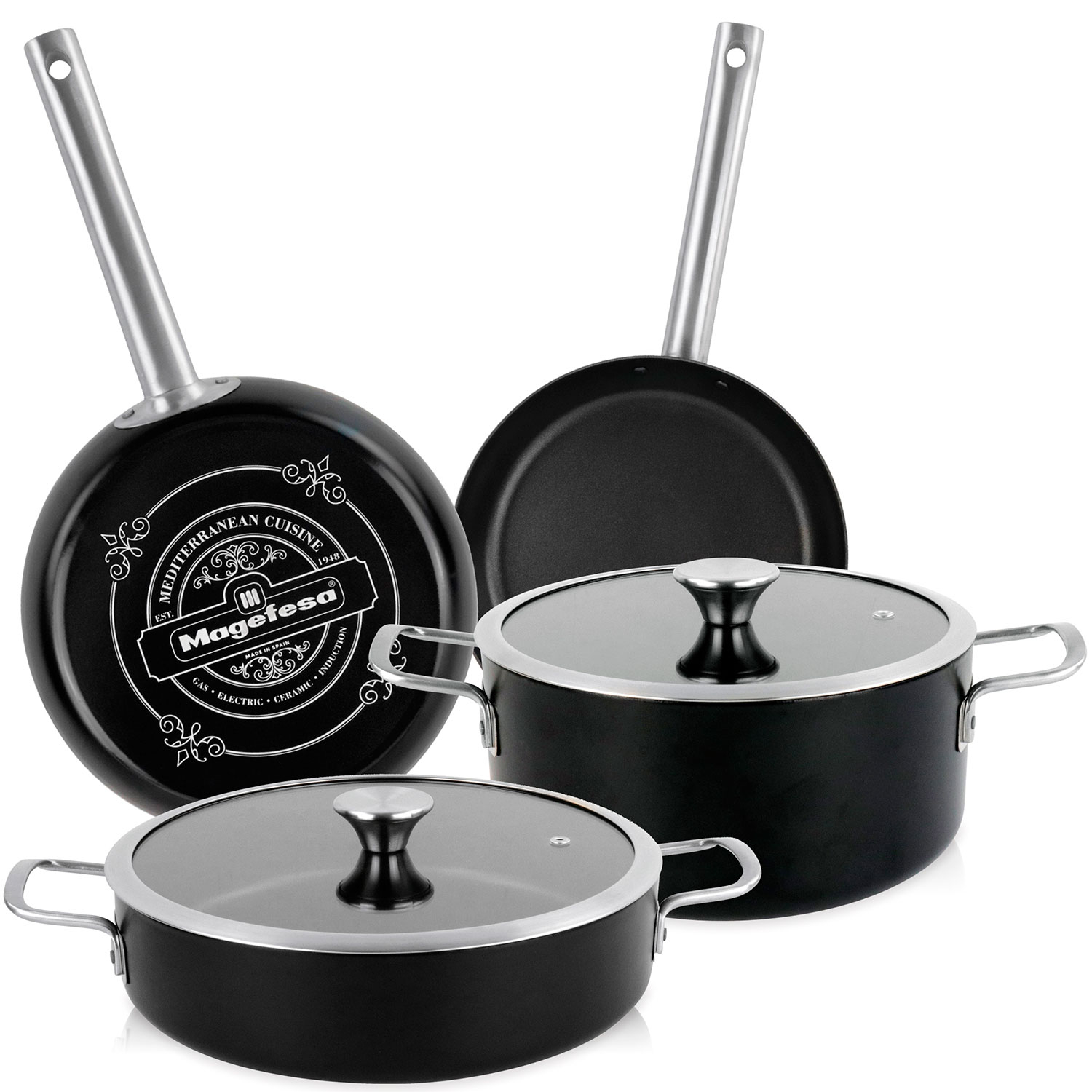 Magefesa Ares Batería Cocina Inducción 6 Piezas, Antiadherente Libre PFOA Exterior Negro Mate Retro Vintage, , Negro