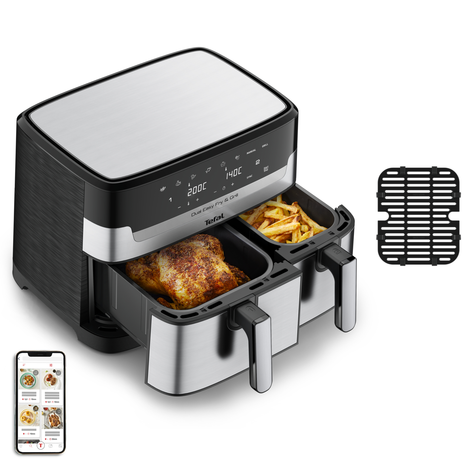 Tefal Dual Easy Fry & Grill EY905D Double 8.3L Independent 2700 W Hot Air Fryer Stainless Steel